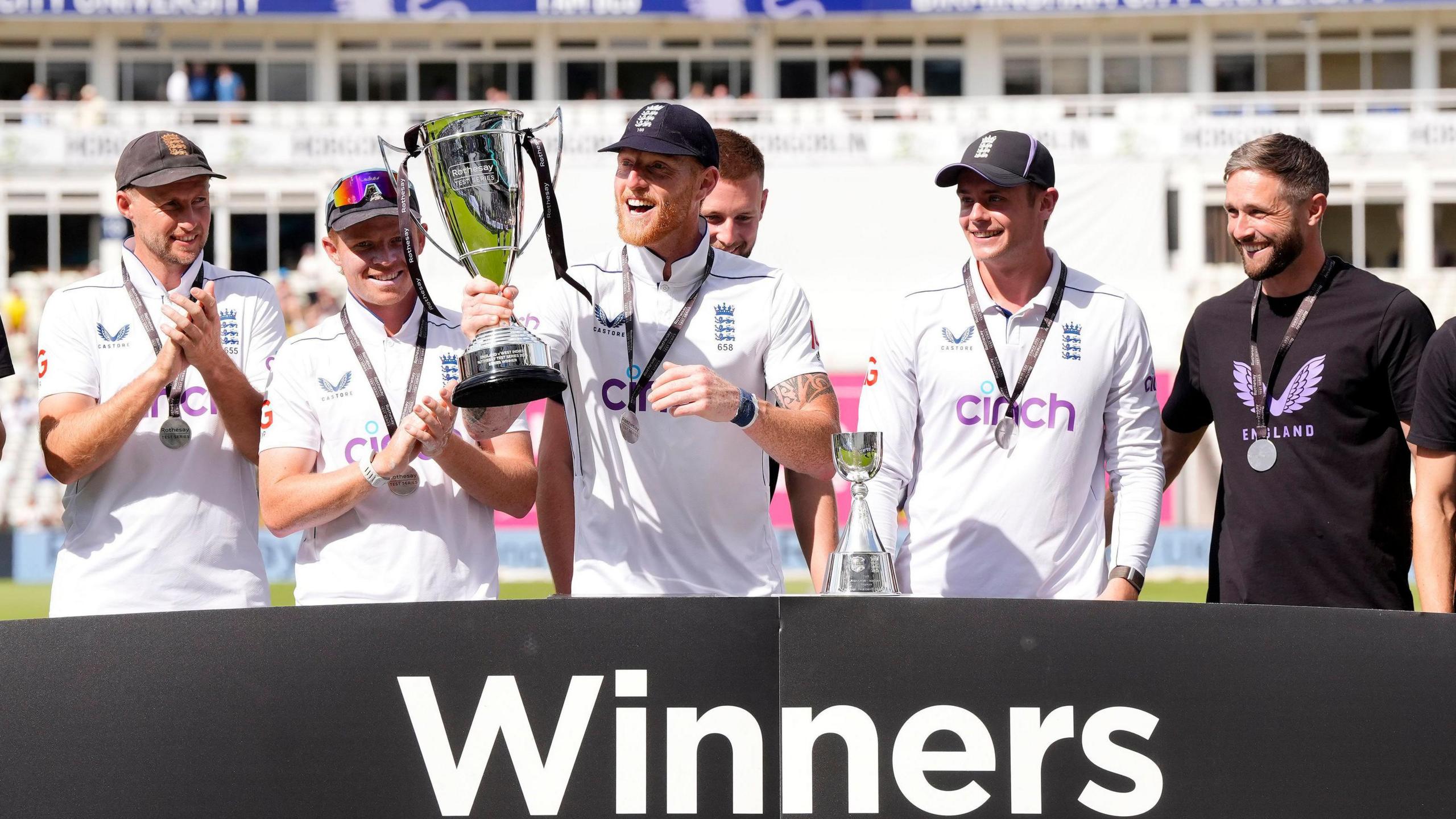 England captain Ben Stokes with the Test series trophy