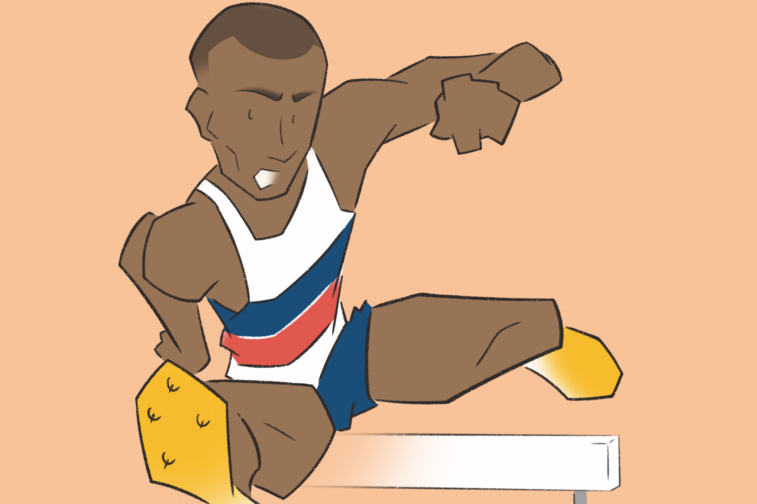 Wearing GB kit, from the perspective of the reader Colin is running towards you. In mid-air he is leading with his right leg as his left almost brushes the hurdle.