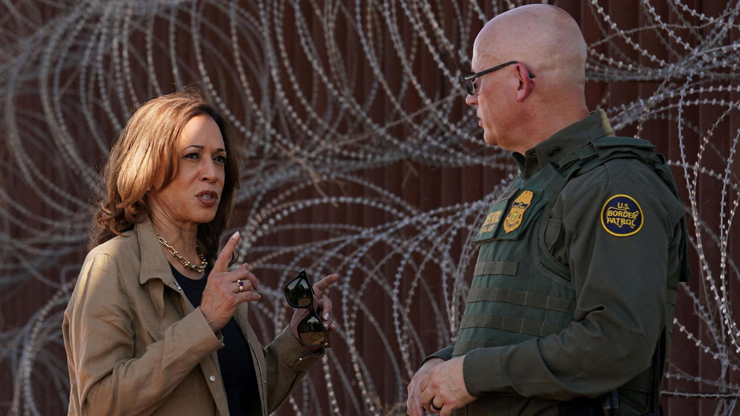 Democratic presidential nominee and U.S. Vice President Kamala Harris tours the border wall with a Border Patrol agent, near Tucson, in Douglas, Arizona, US, 27 September 2024
