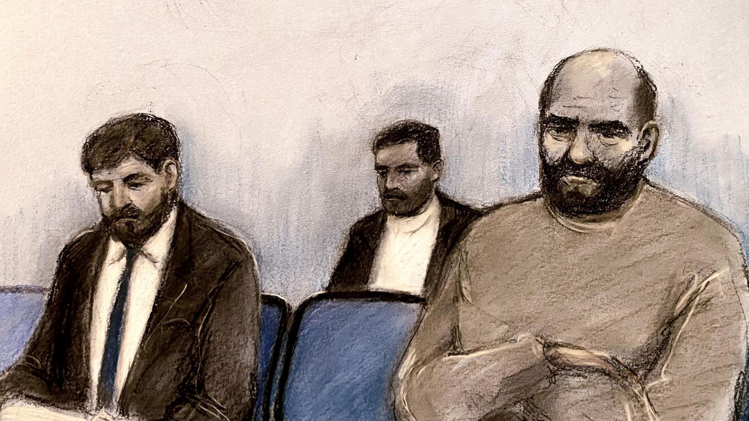 Court artist drawing of (left to right) Walid Saadaoui, Bilel Saadaoui and Amar Hussein appearing at Preston Crown Court. Walid Saadaoui is wearing a dark suit jacket, white shirt and black tie. Bilel Saadaoui has a dark jacket and white, round-necked top. Amar Hussein is wearing a beige, round-necked jumper.