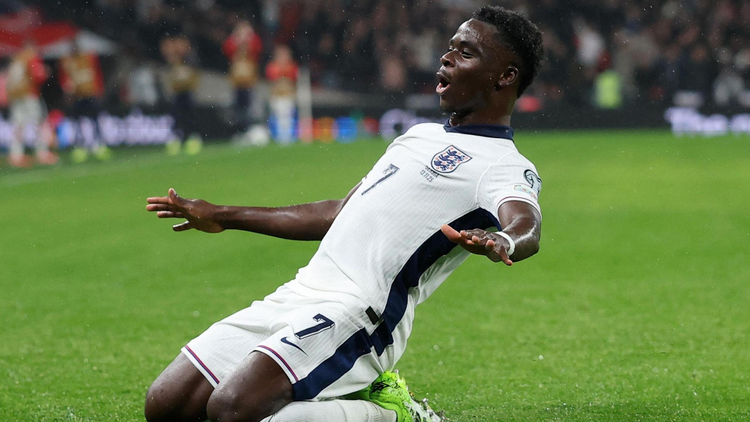Bukayo Saka celebrates after putting England ahead in the World Cup qualifier against Serbia at Wembley.