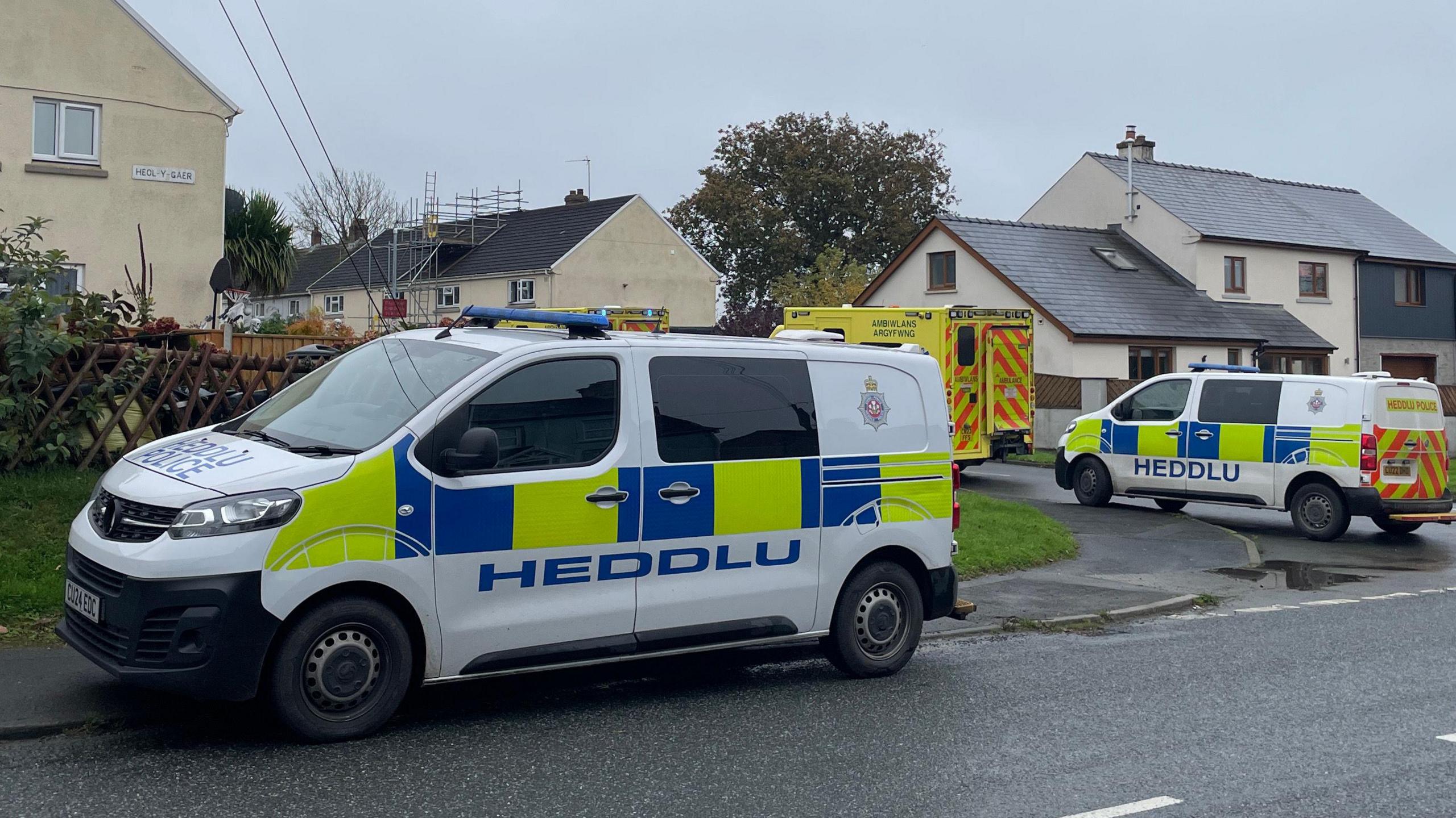 Ambulance and police cars parked outside a street with cream houses  