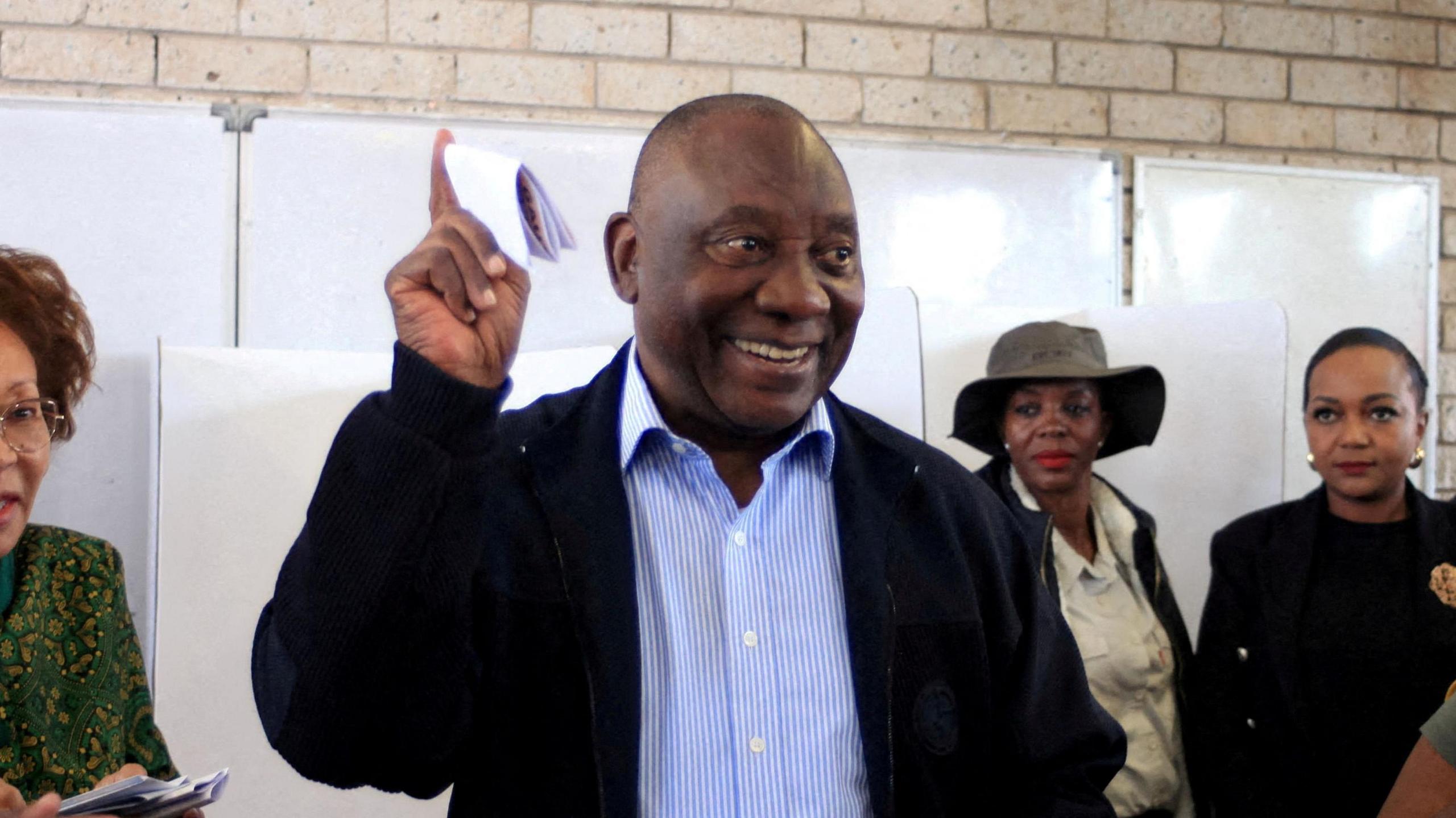 South African president Cyril Ramaphosa casts his vote during the South African elections