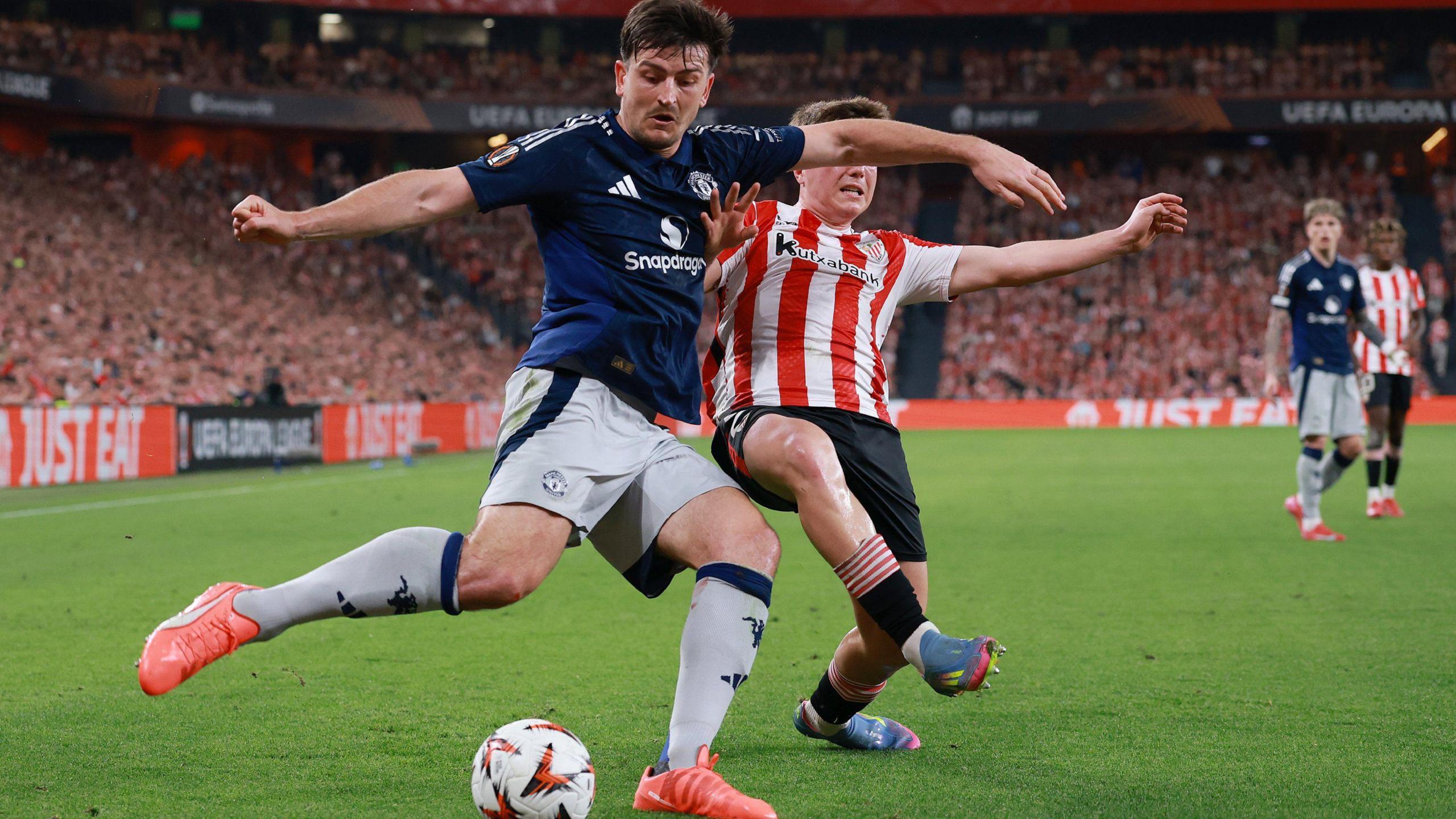 Harry Maguire in action against Athletic Bilbao in the Europa League semi-final