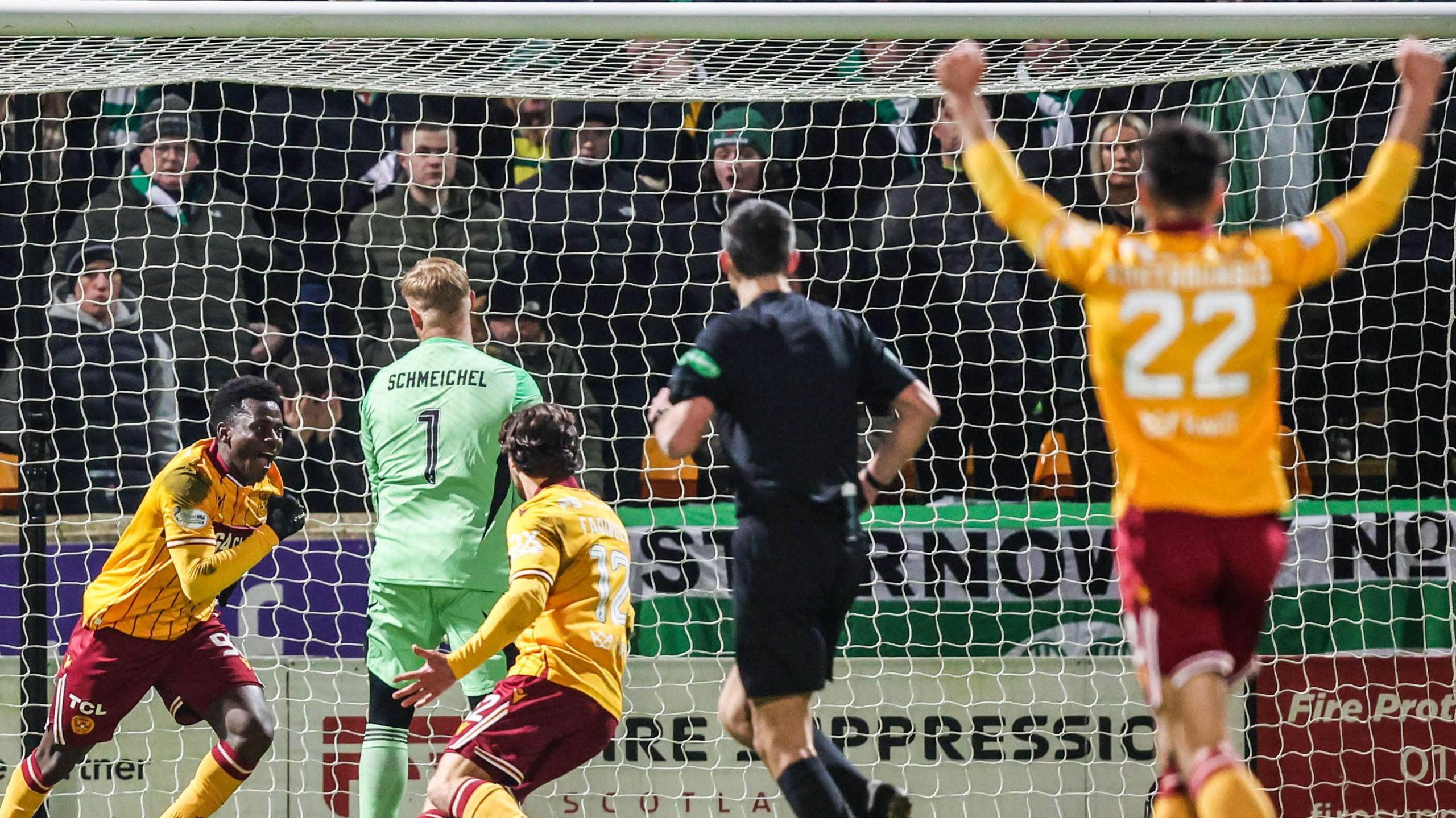 Motherwell's Ibrahim Said (L) celebrates scoring to make it 1-0 during a William Hill Premiership match between Motherwell and Celtic at Fir Park