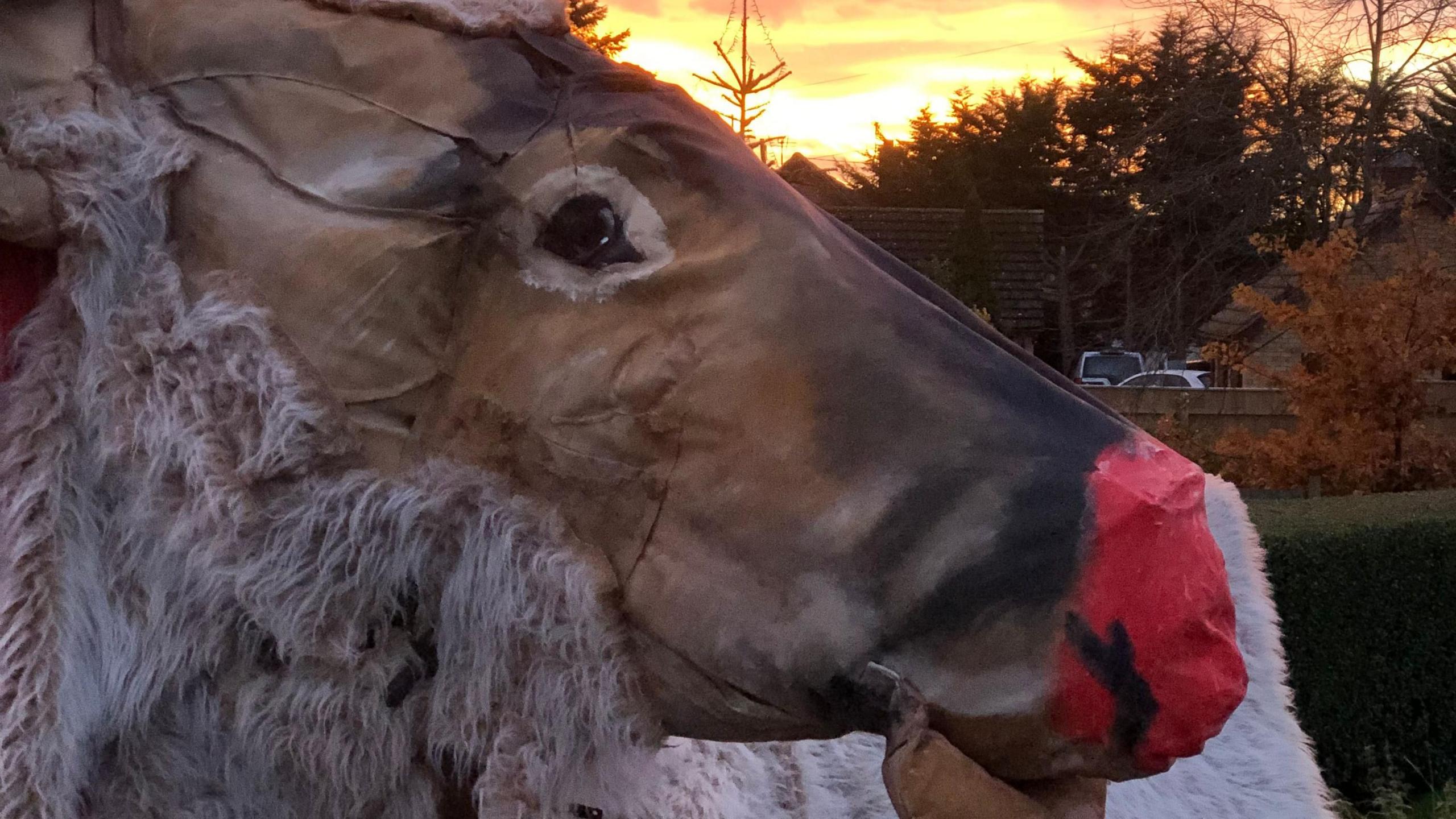 A close-up of the face of a reindeer sculpture. The large head is made from fabric and it has a nose painted red
