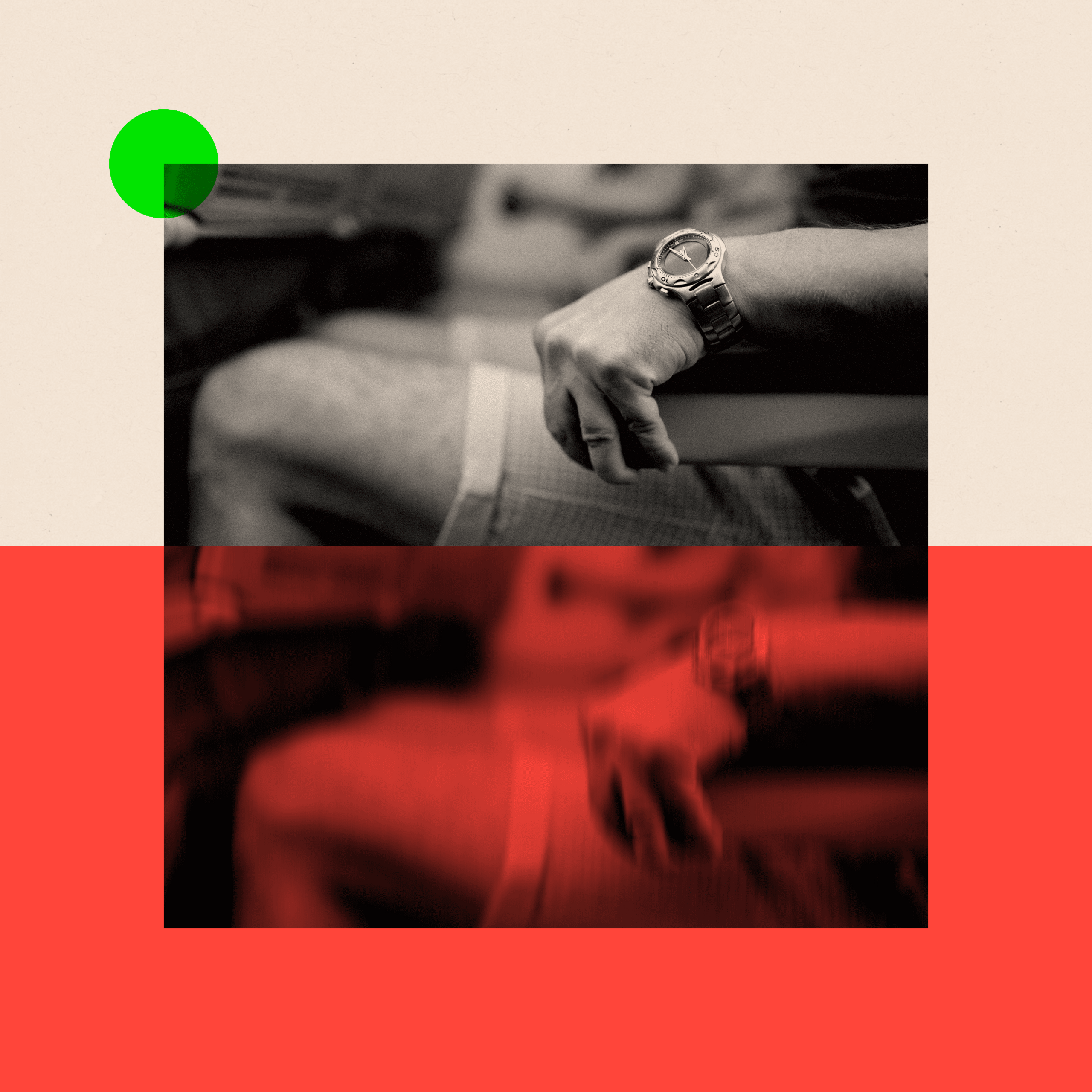 Two treated images of a person holding on to a plane arm rest