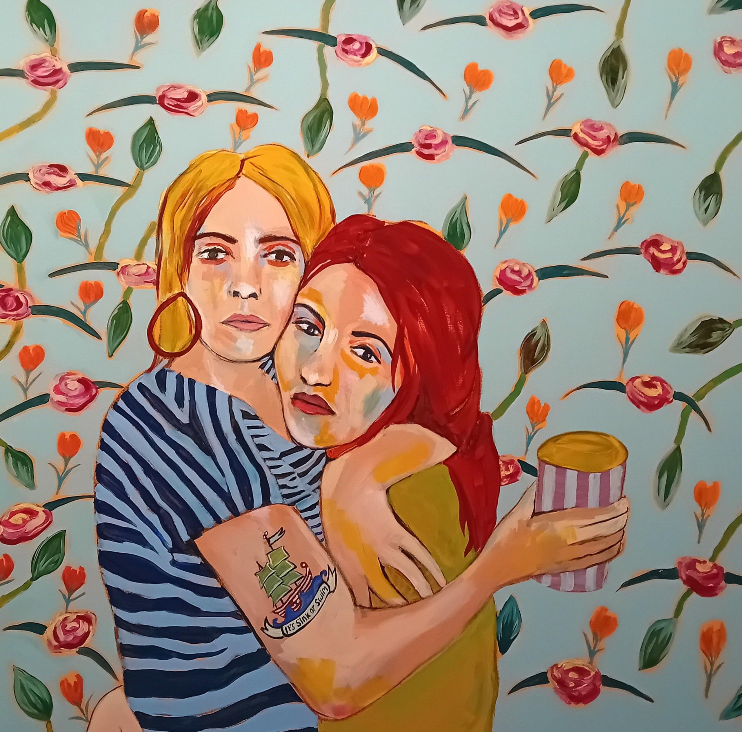 'Sink or swim' depicts Natalie and her best friend hugging, with both looking at us with serious faces and one of them, with a tattoo on her upper arm holding what appears to be a cup