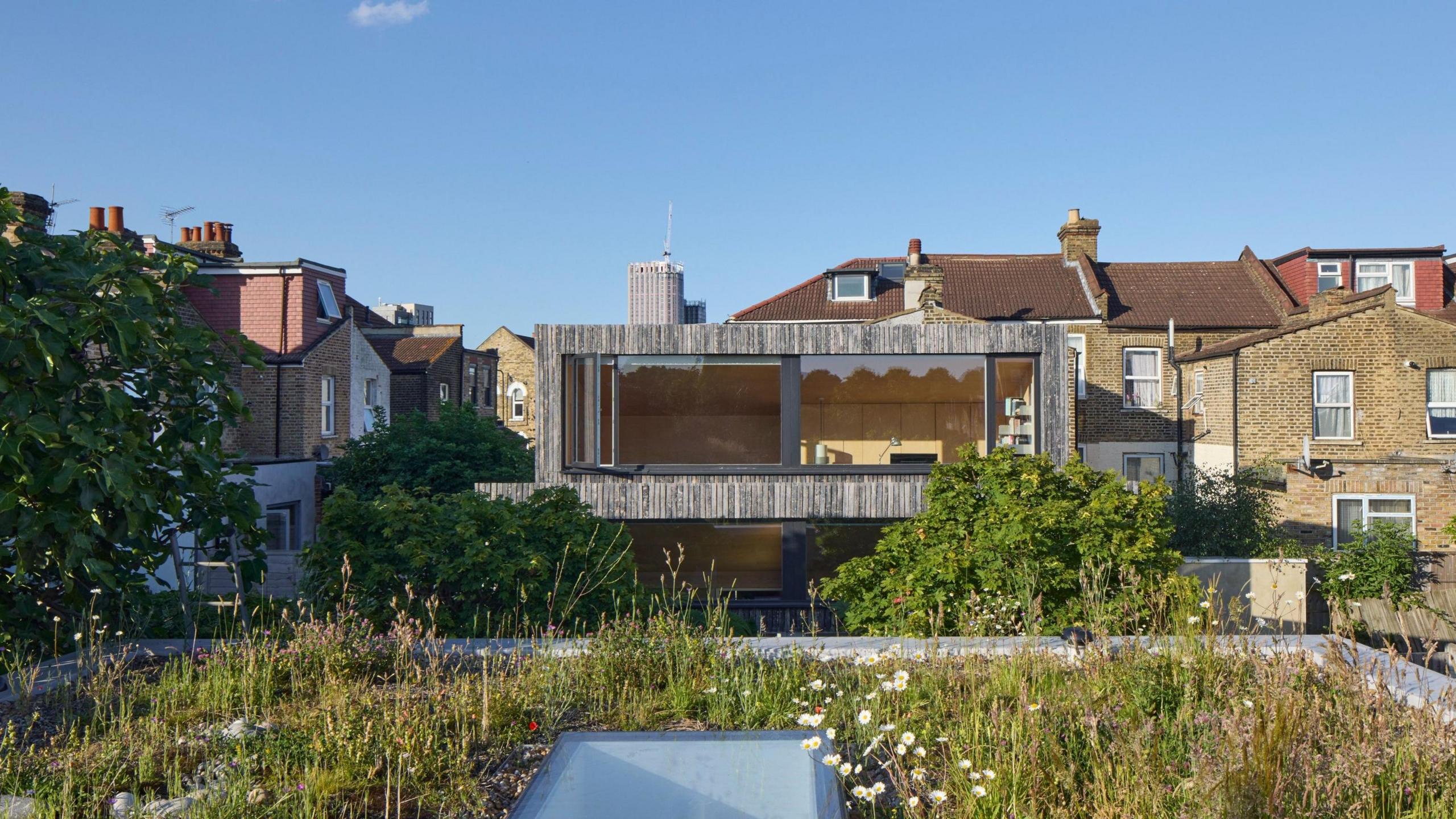 A small, rectangular house with a long horizontal window. The house looks like it's made from a dark wood. In front is a wild garden and it is surrounded by more average looking homes. 