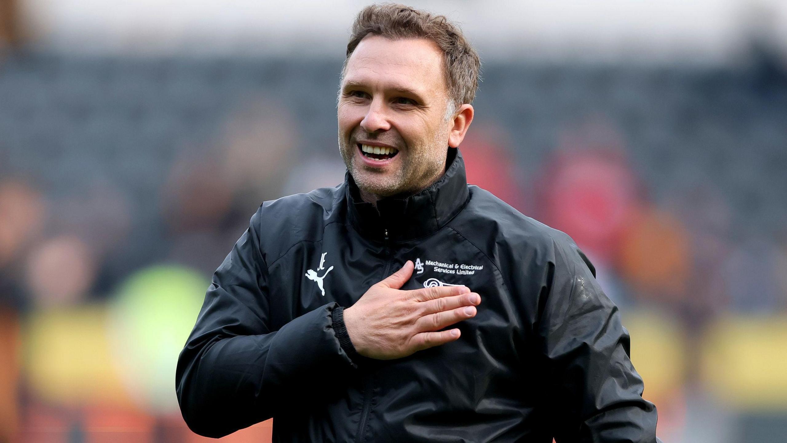 Derby boss John Eustace celebrates after the 1-0 win at Hull