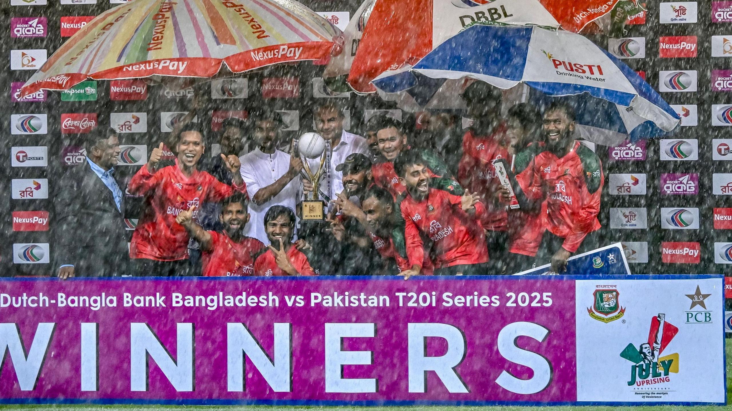 Bangladesh celebrate with the T20 series trophy