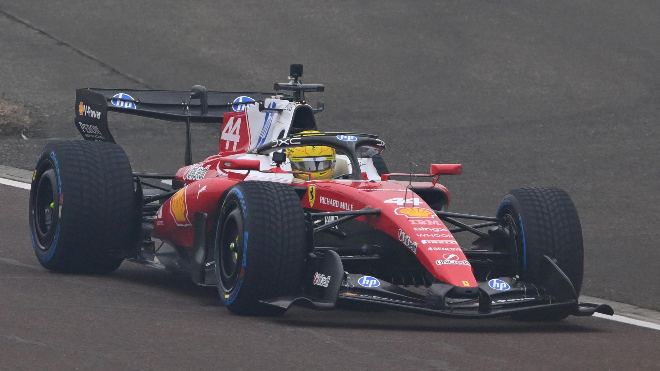 Lewis Hamilton driving the 2026 Ferrari at the Fiorano circuit in Italy