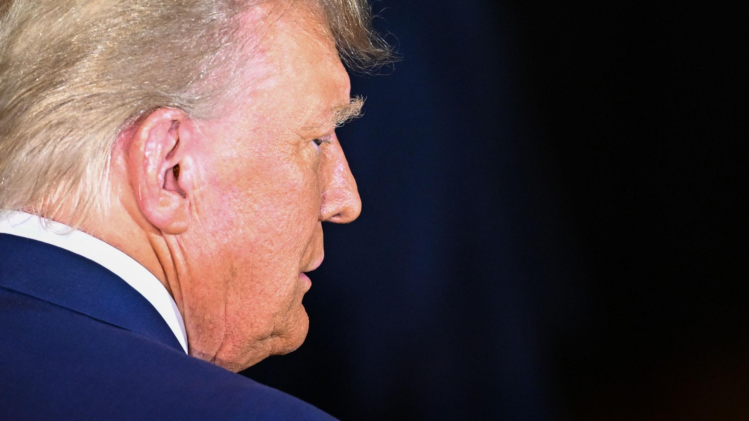 Image shows a side profile of Donald Trump in front of a black background