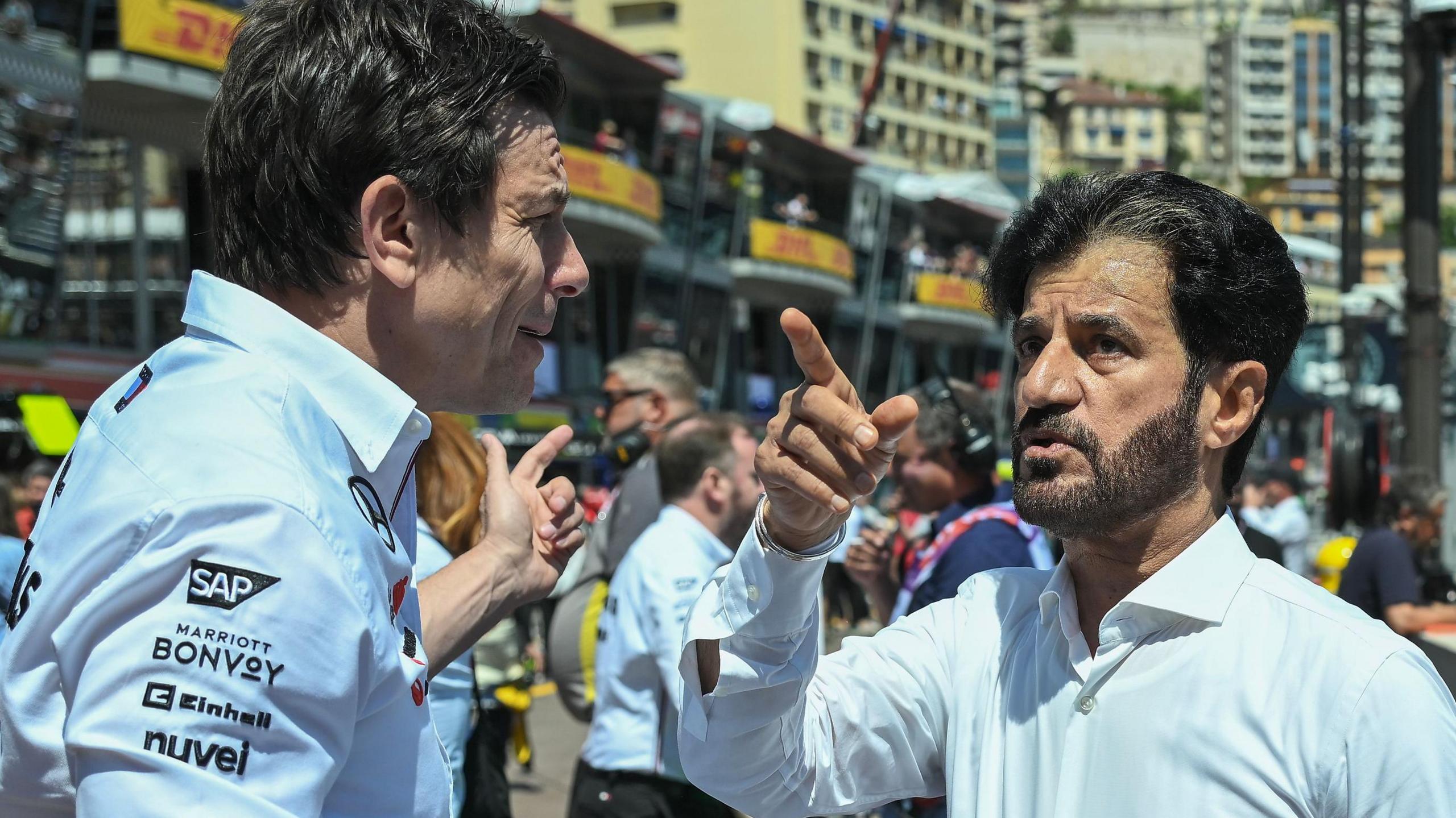 FIA president Mohammed Ben Sulayem speaking to Mercedes F1 boss Toto Wolff at the 2024 Monaco Grand Prix