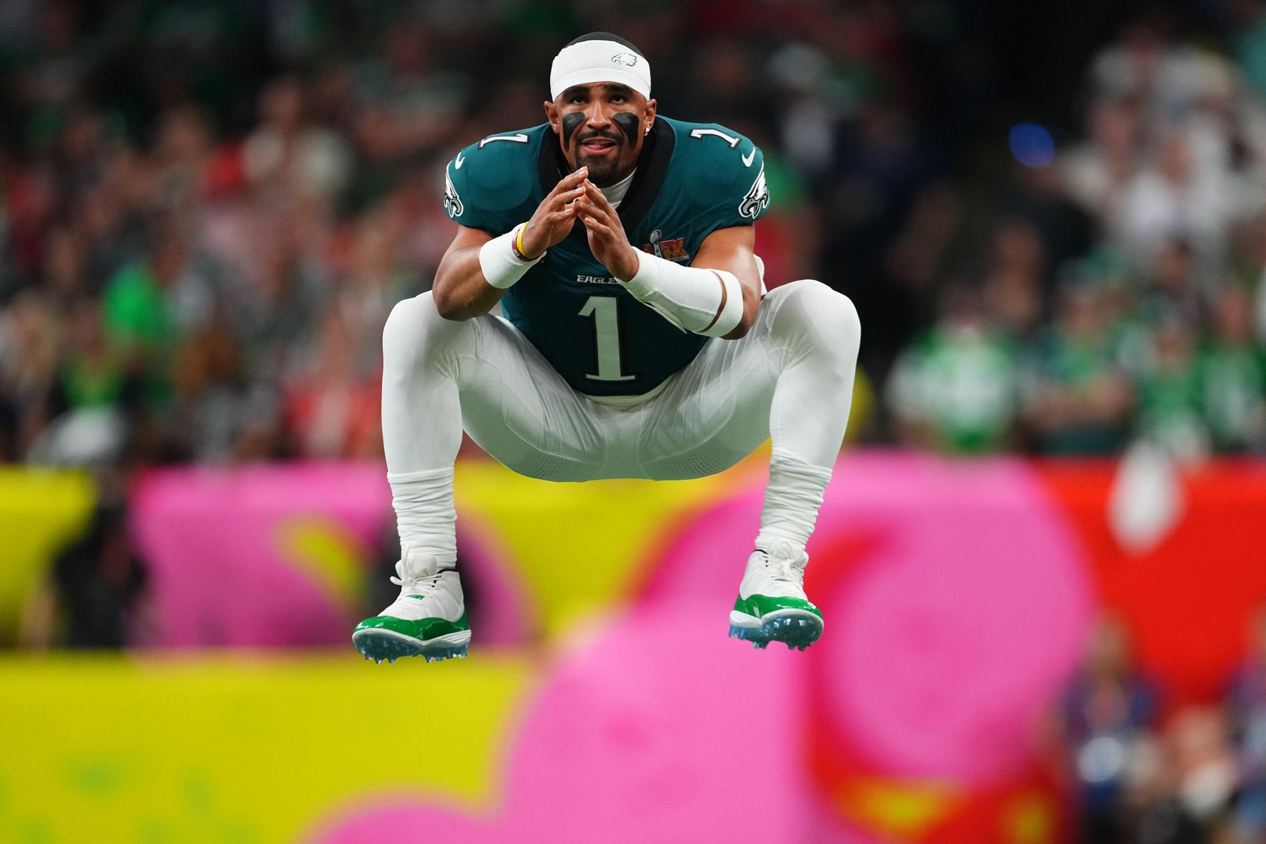 Jalen Hurts of the Philadelphia Eagles warming up prior to Super Bowl LIX against the Kansas City Chiefs at Caesars Superdome in New Orleans, Louisiana