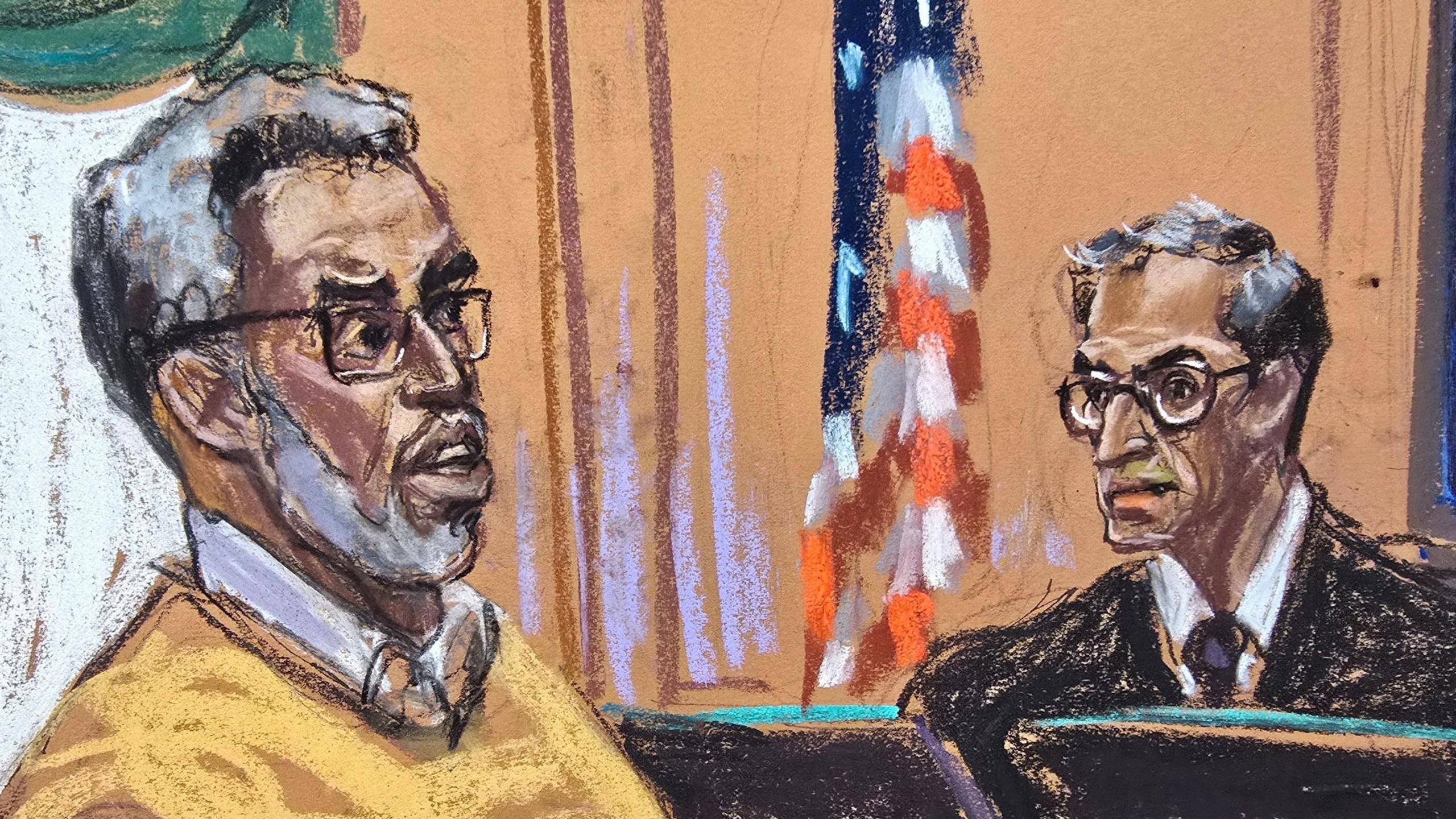 A courtroom sketch shows "Sean 'Diddy' Combs on the left and Judge Arun Subramanian on the right, sitting on the bench with an American flag in the background. The judge is in a robe and glasses. Combs also is wearing glasses and a yellow sweater.
