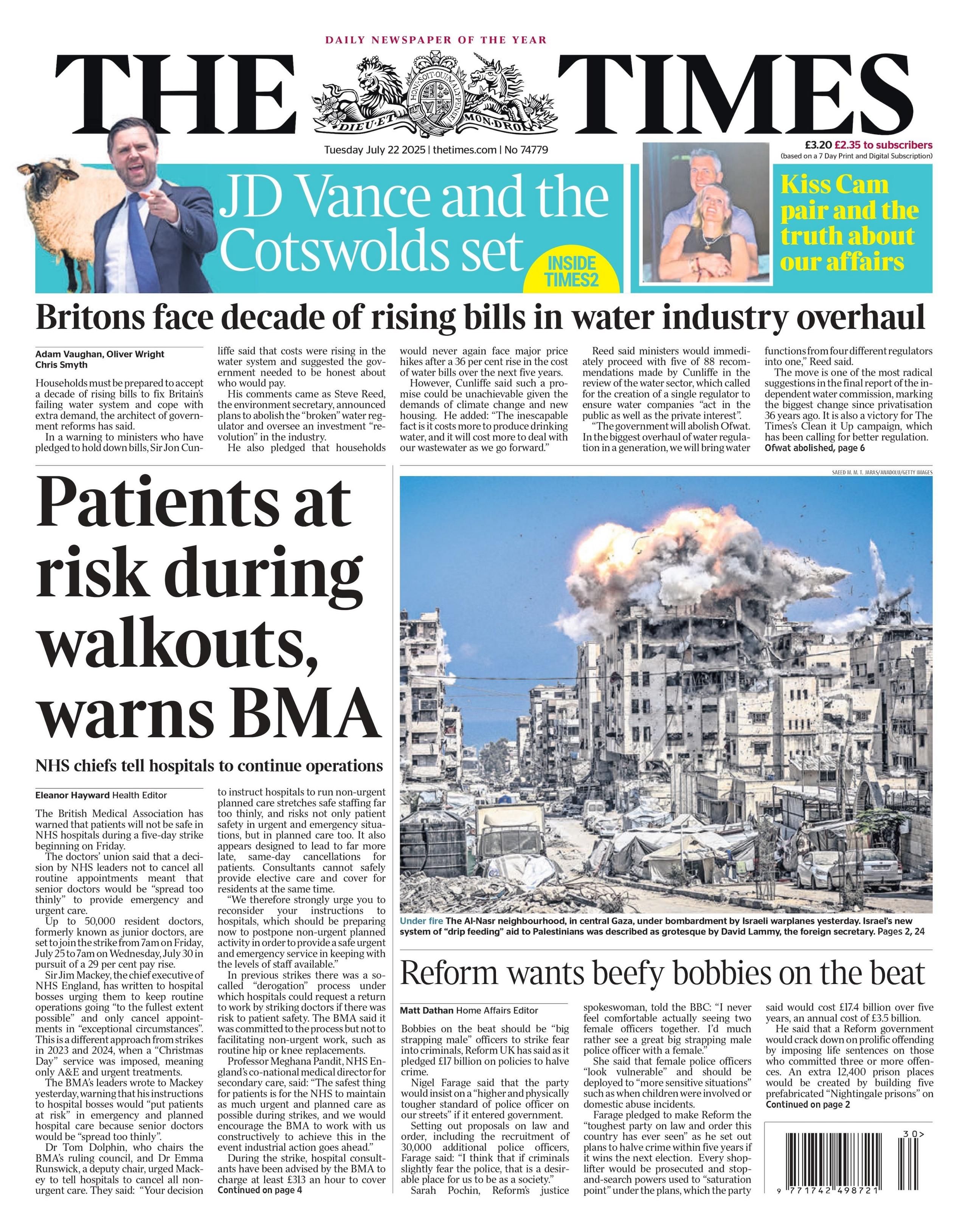 The headline on the front page of The Times reads: "Patients at risk during walkouts, warns BMA".
