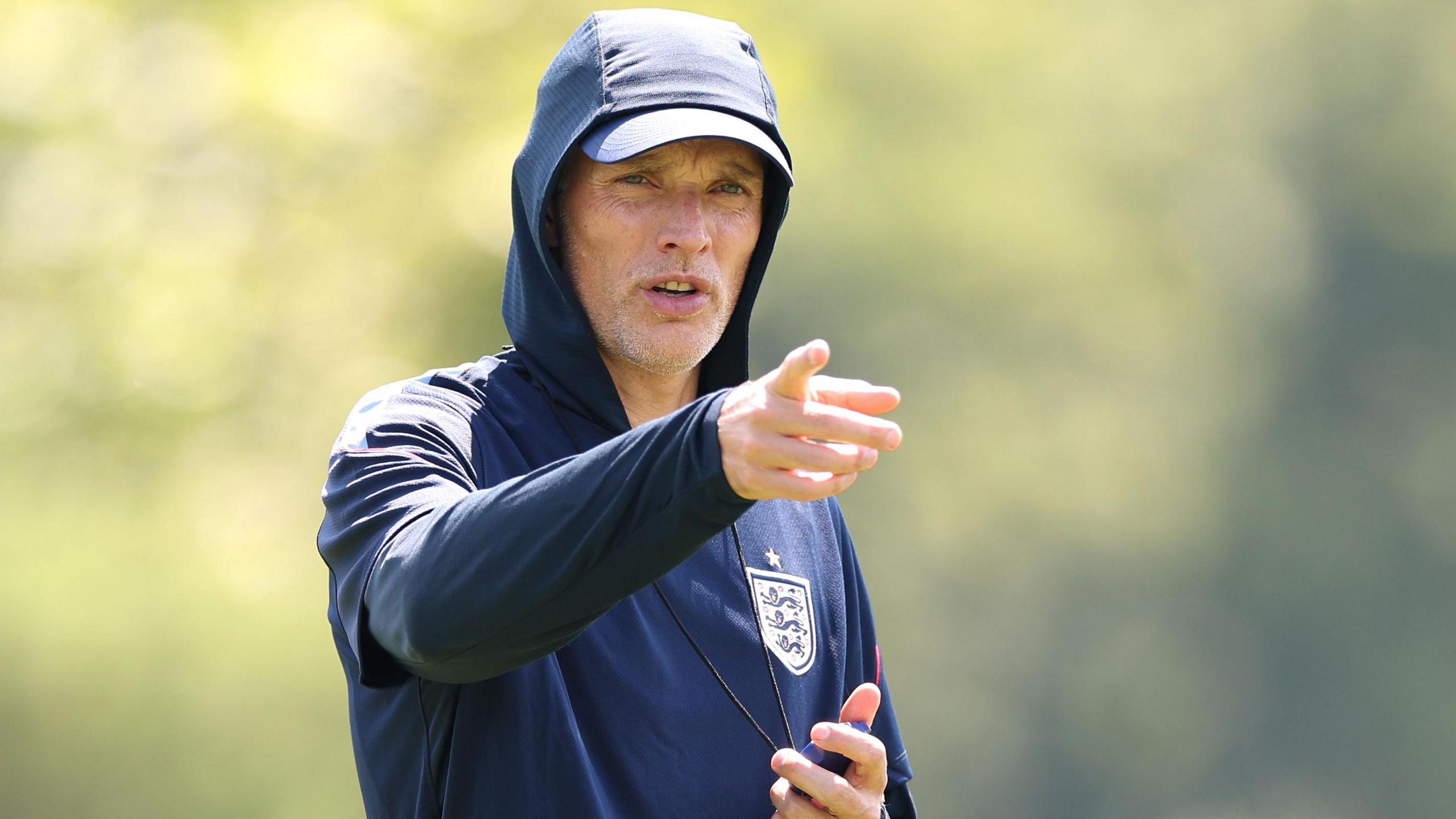 England manager Thomas Tuchel gesticulates during a training session before the World Cup semi-final against Argentina