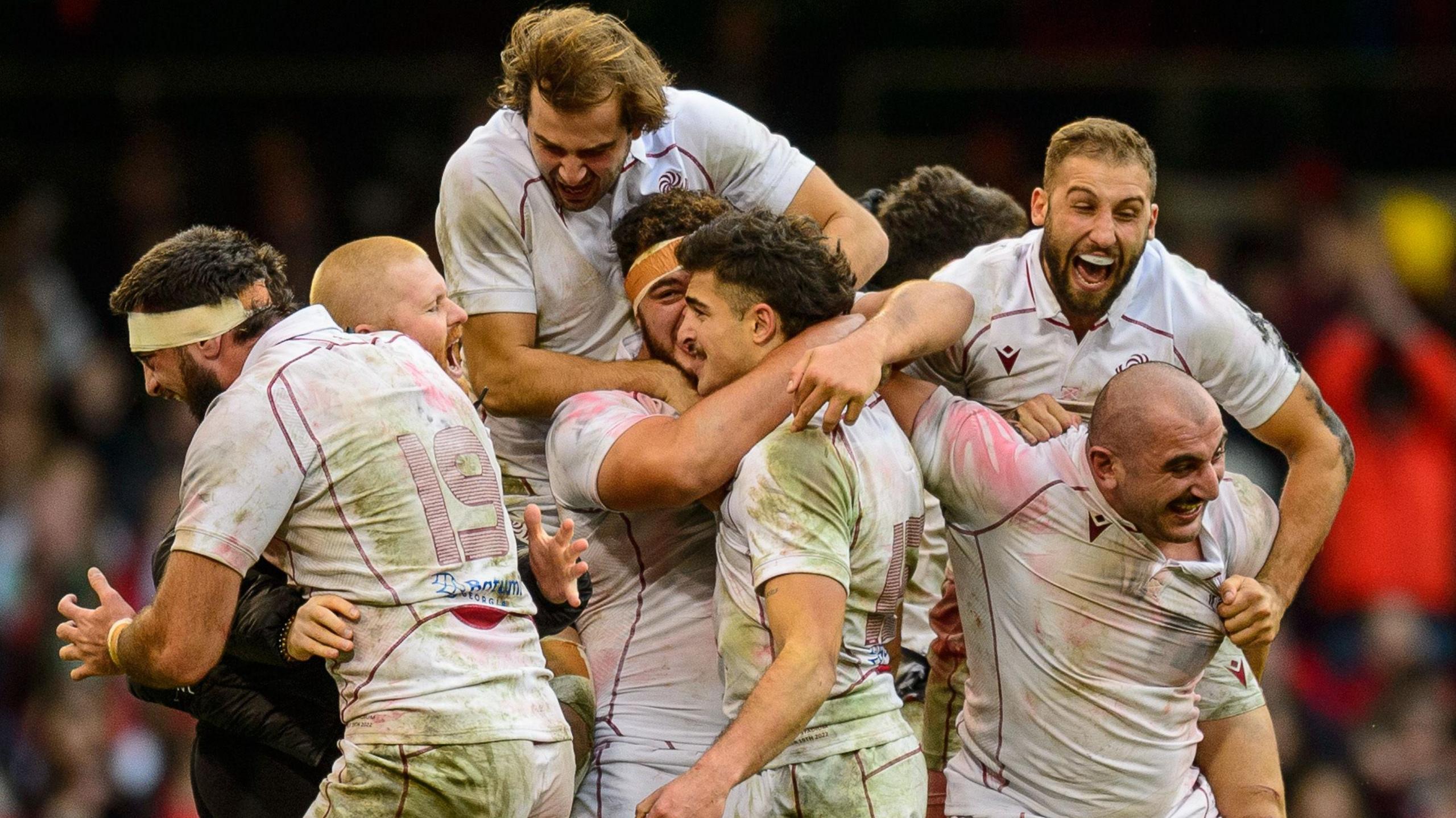 Georgia players celebrate after a first win against Wales in November 2022
