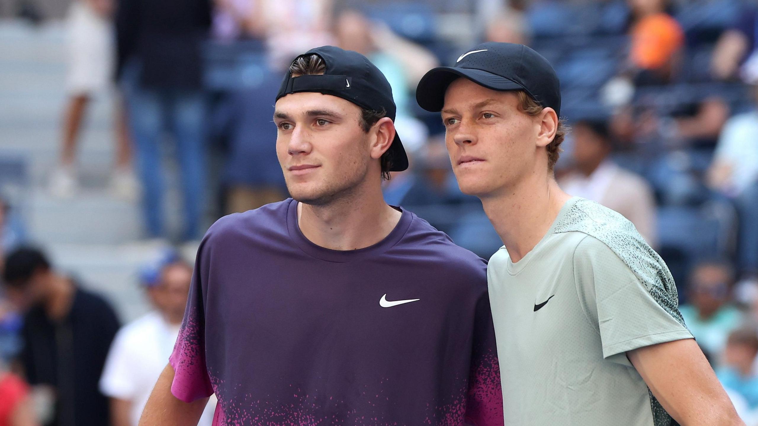 Jack Draper and Jannik Sinner pose for a photograph before the 2024 US Open semi-final