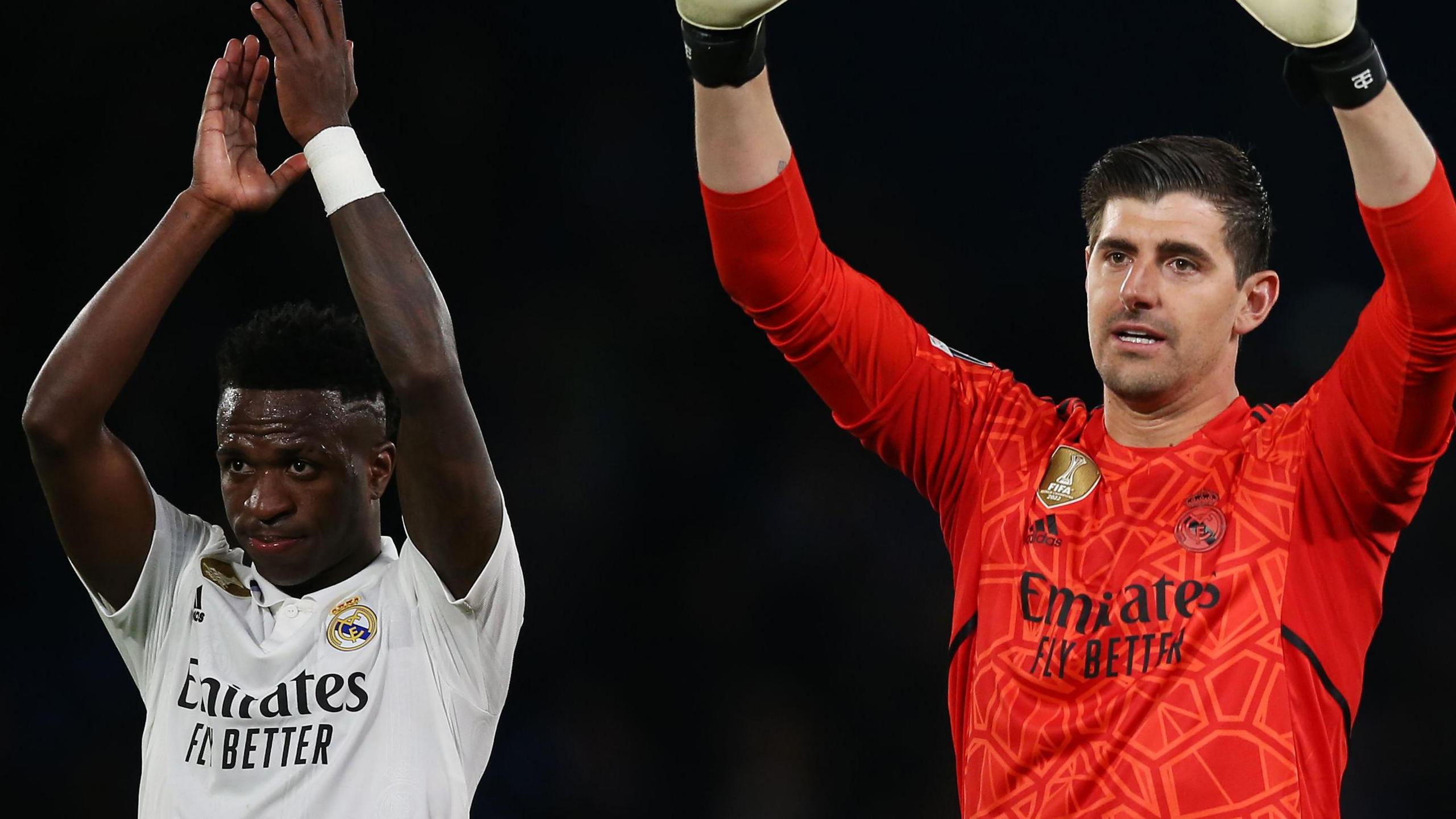 Viniicus Junior and Real Madrid team-mate Thibaut Courtois applaud fans