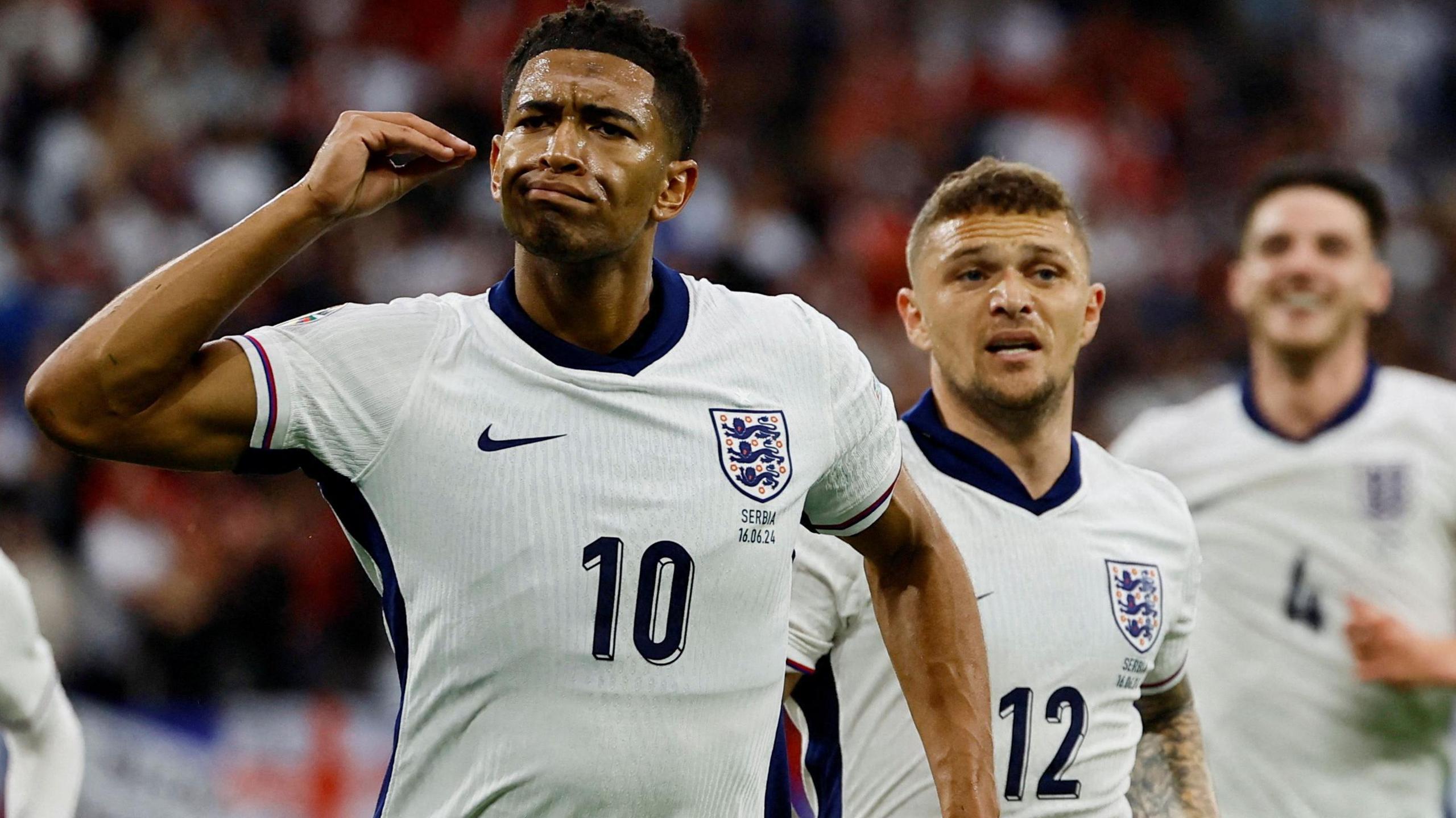 England's Jude Bellingham celebrates scoring their first goal.