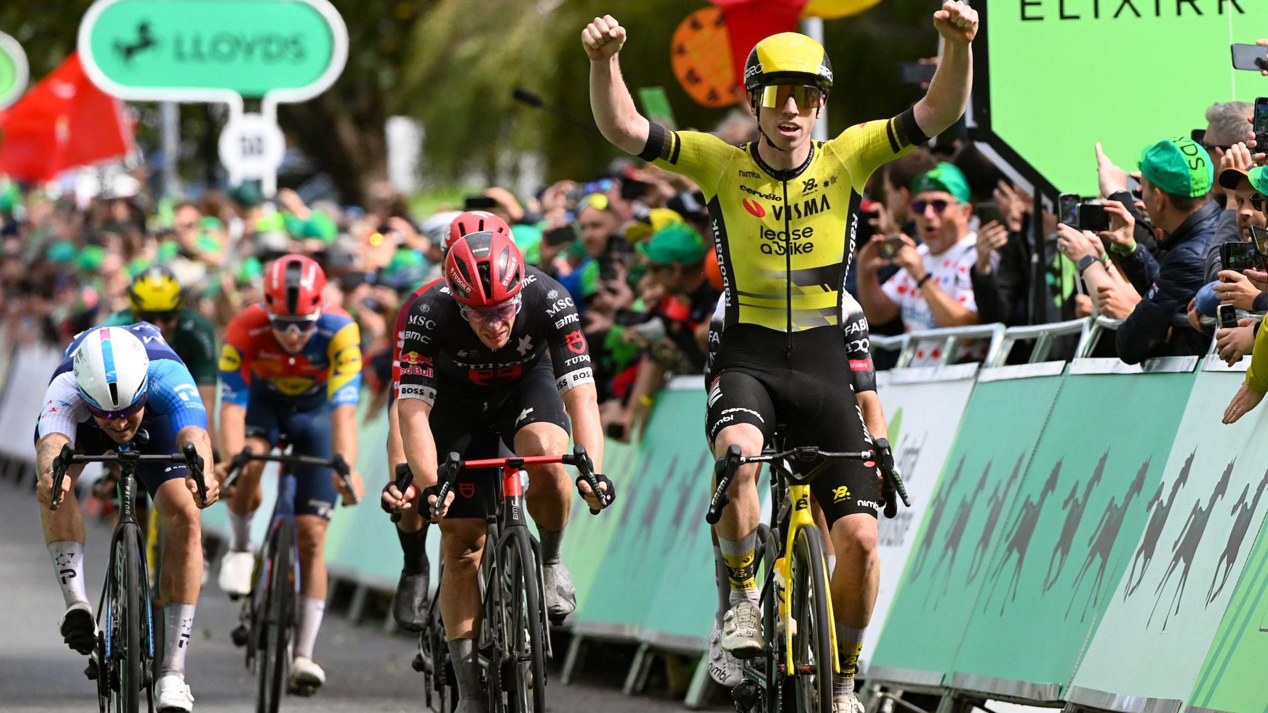 Matthew Brennan raises his arms in celebration
