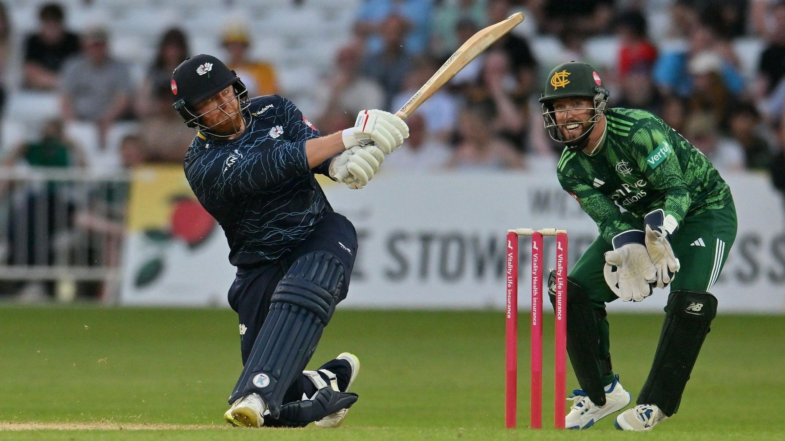 Jonny Bairstow plays a sweep shot for Yorkshire against Nottinghamshire