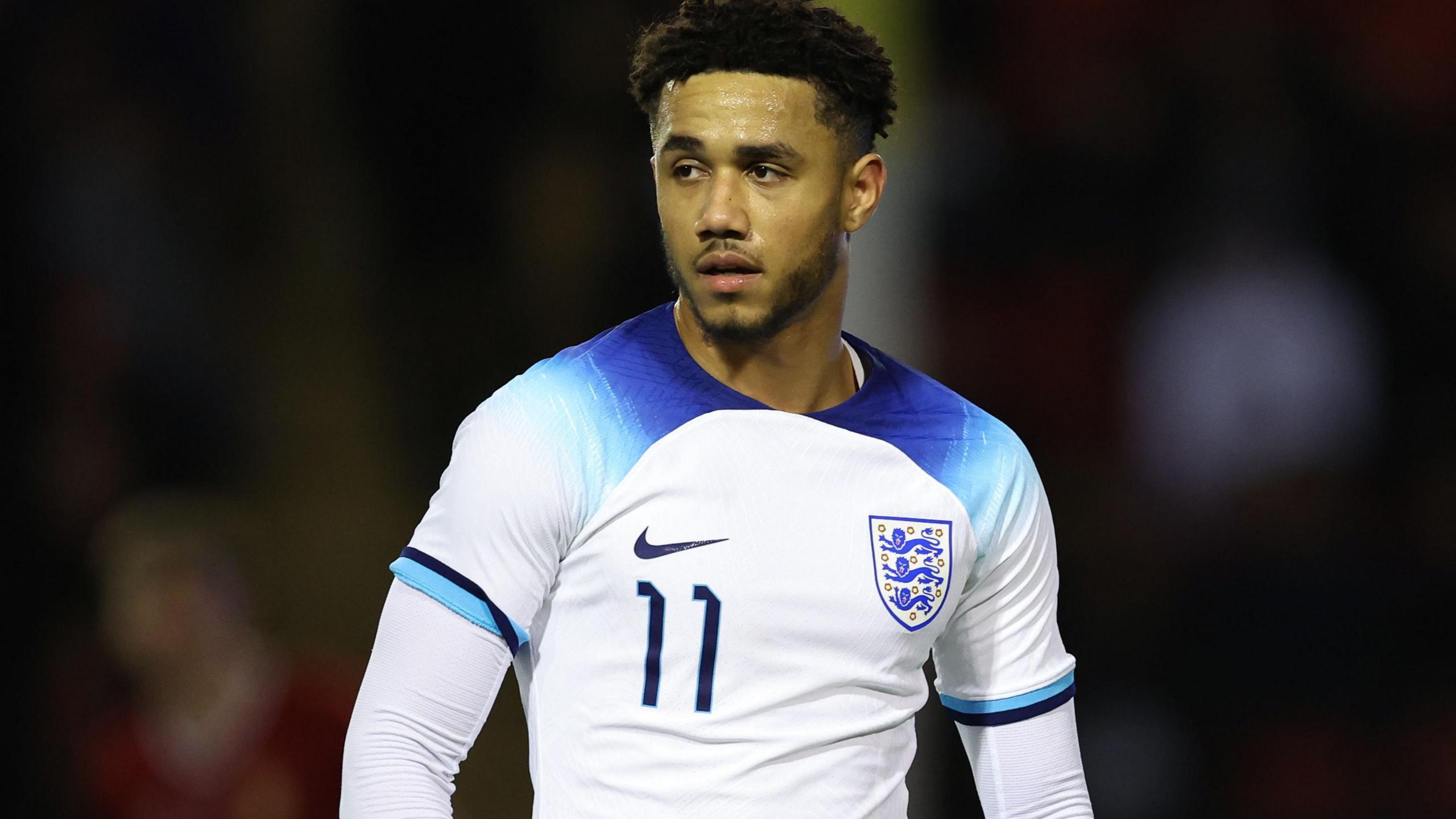 George Hall playing for England Under-19s against Hungary at Walsall in March 2023