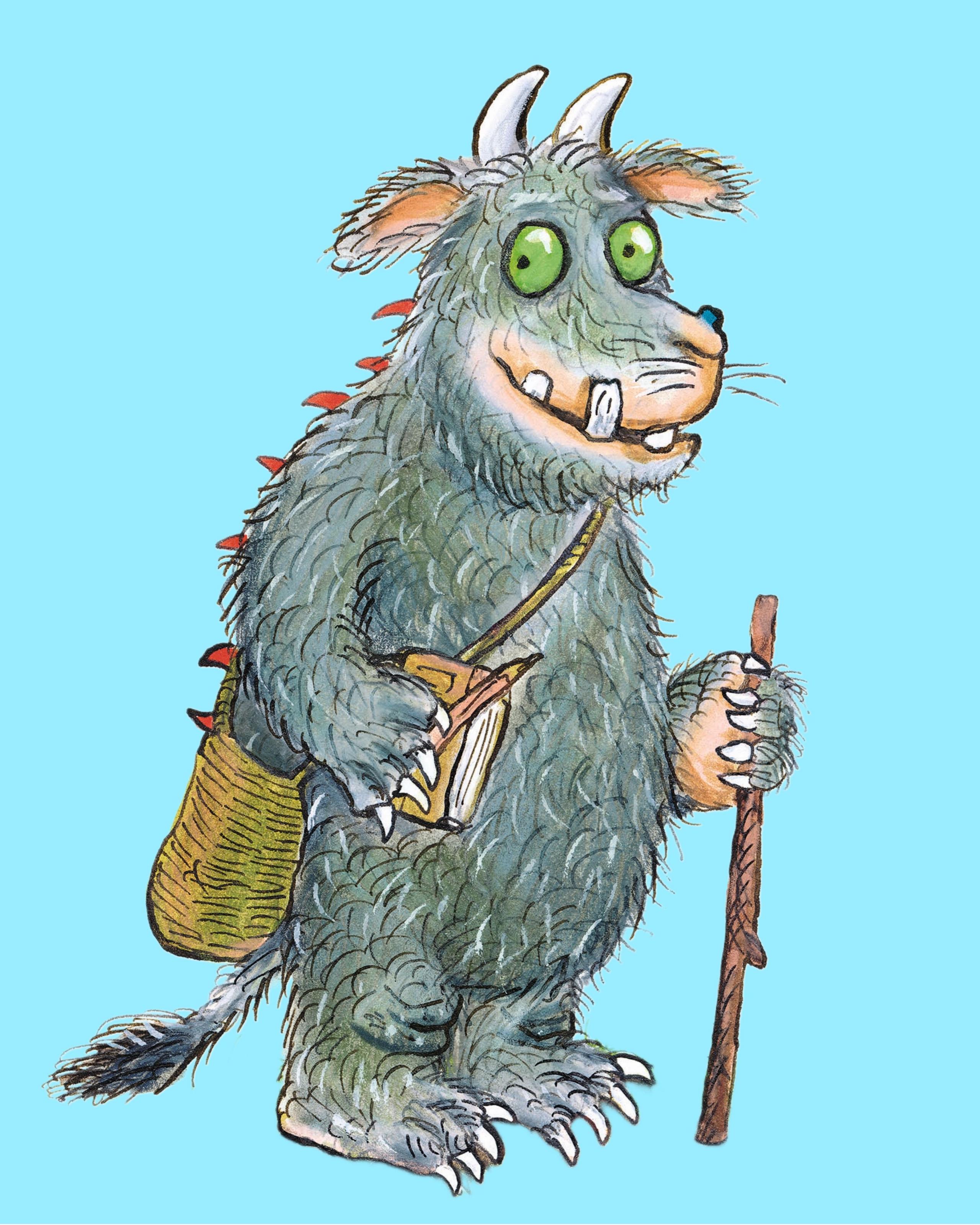 Image of the Gruffalo's granny showing her green eyes, green and blue fur and red prickles all over her back, a green wart at the end of her nose and carrying a bag and holding a walking stick. 
