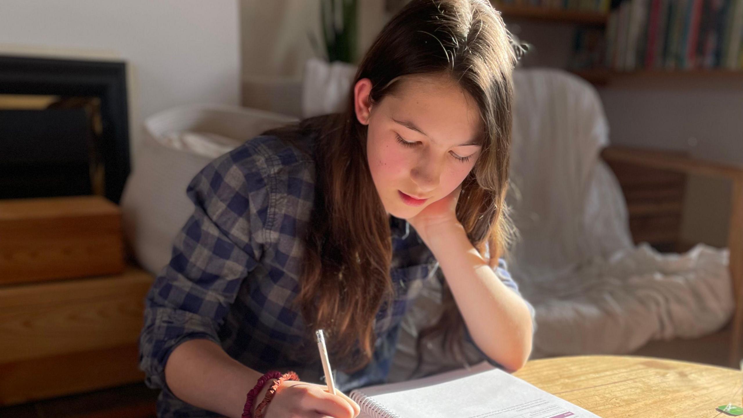 A young girl is holding a pencil and looking down at a notebook