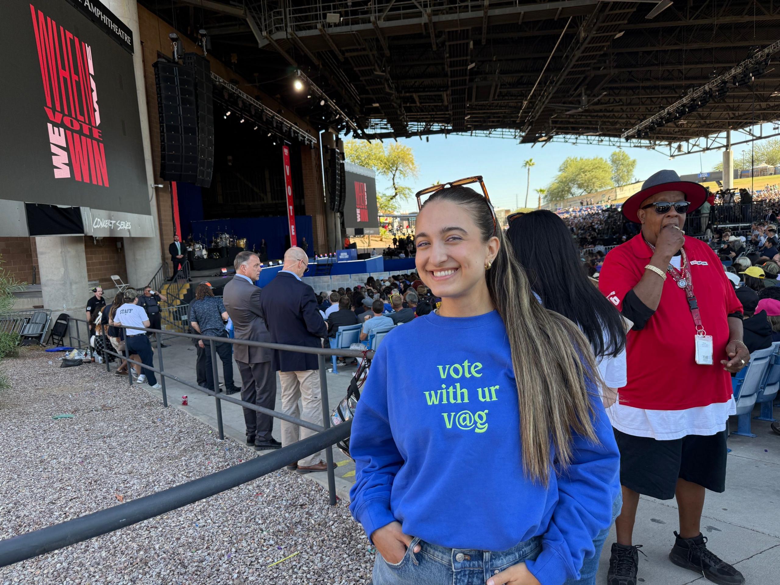 Mary Jelkovsky  wears a 'vote with your vag' sweatshirt