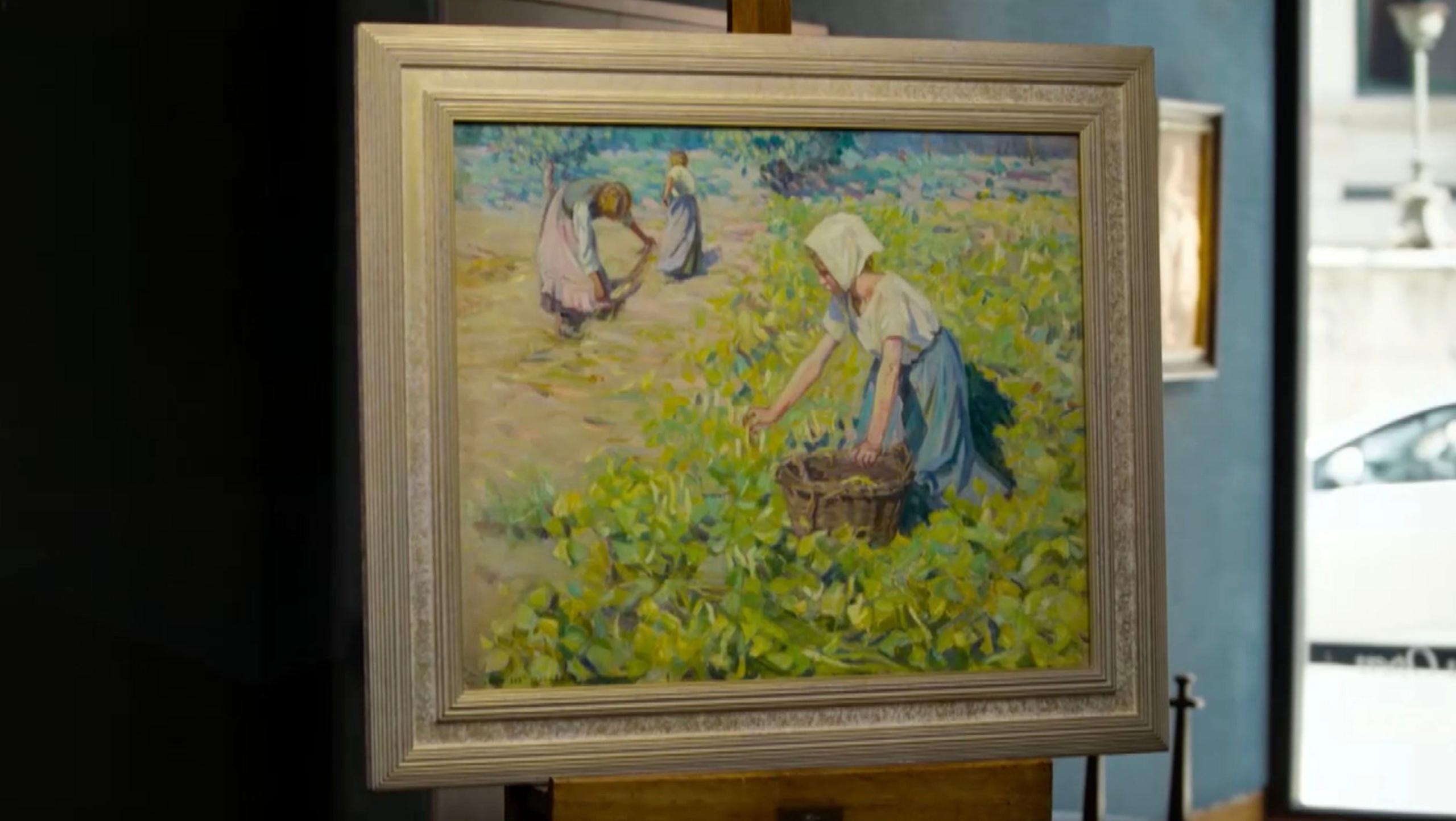 Brightly-coloured artwork depicting women in a field with one placing items in a basket at her side