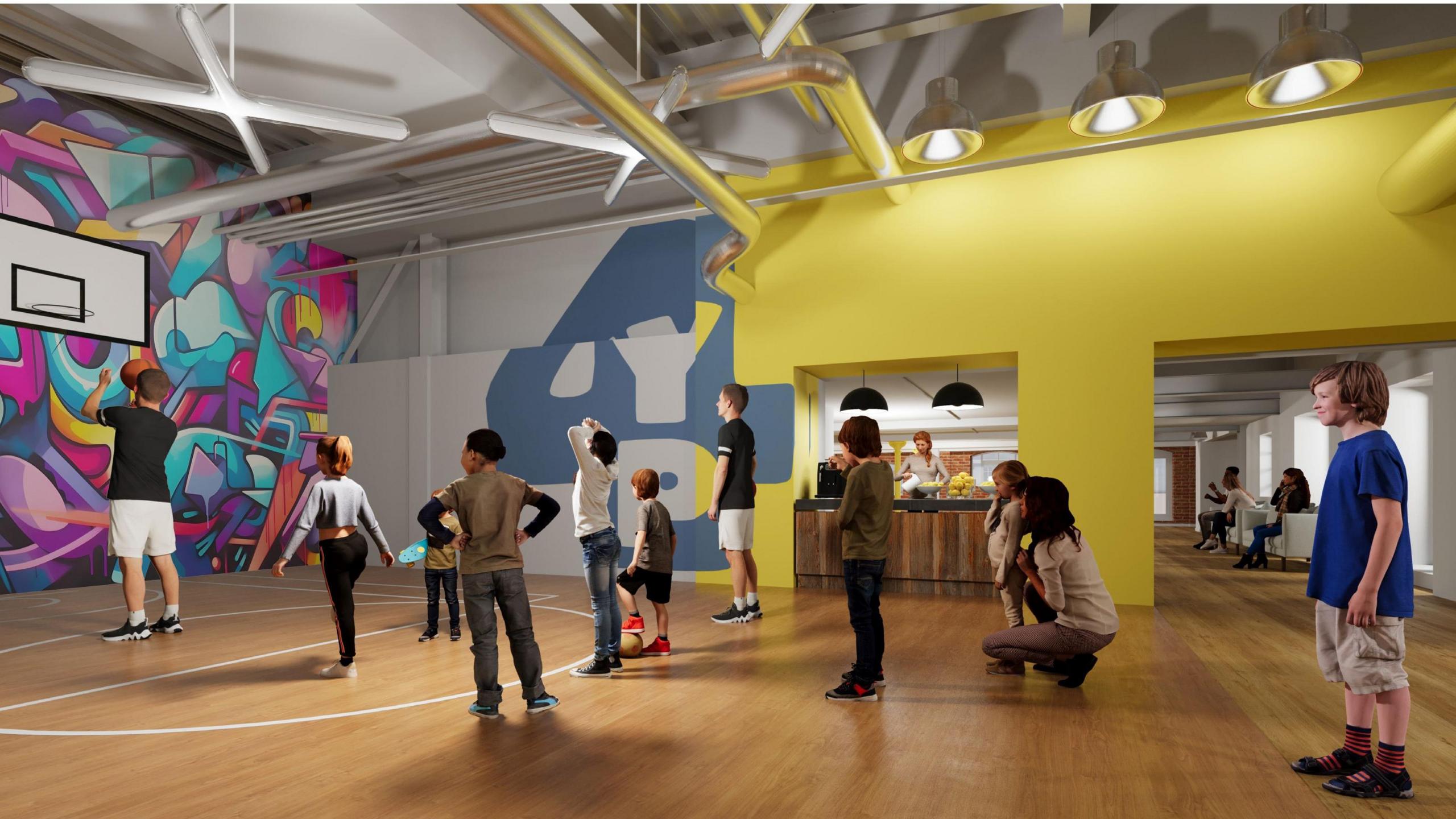 A computer-generated image of young people inside a multi-coloured room playing basketball