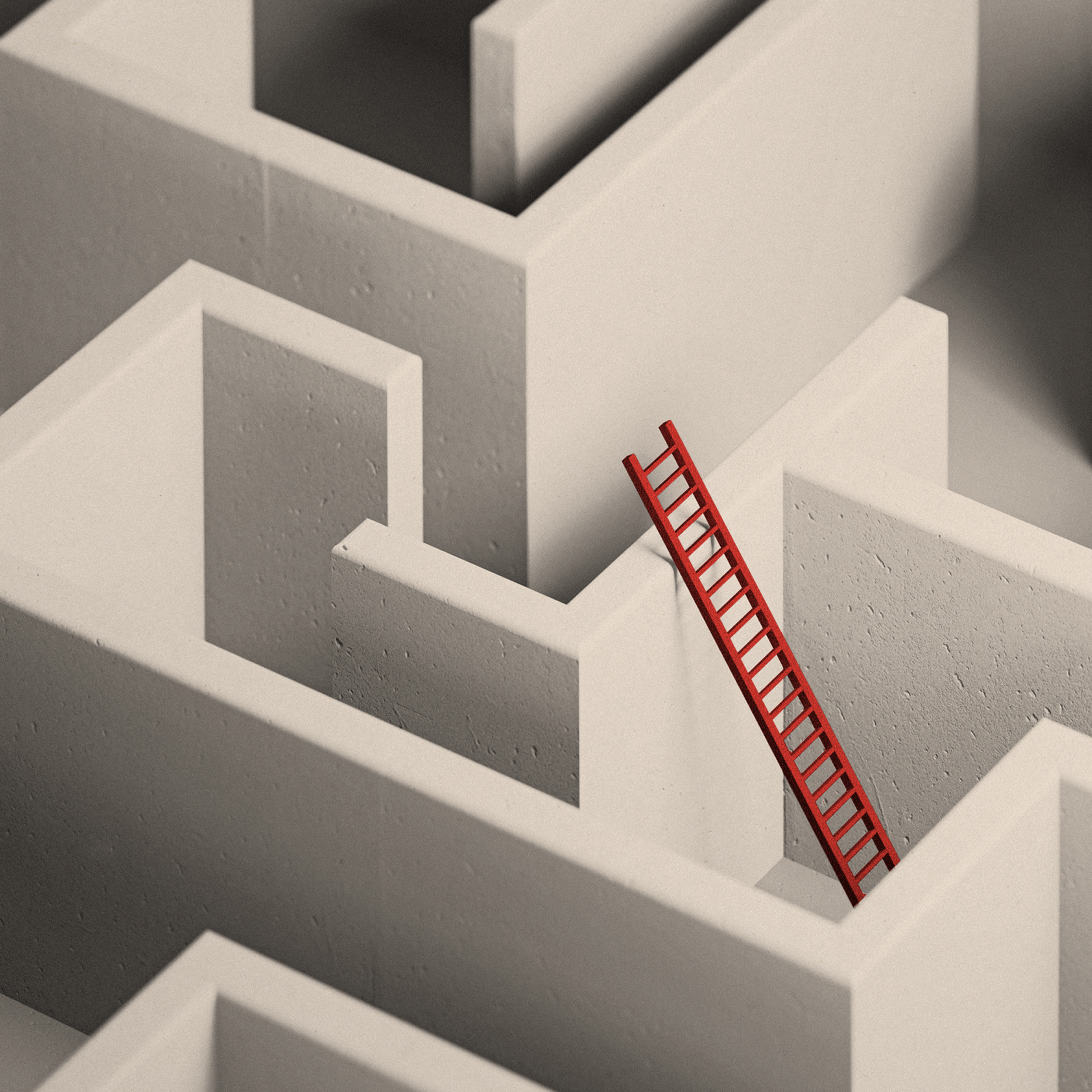 A grey concrete-looking maze with a red ladder poking out of the top