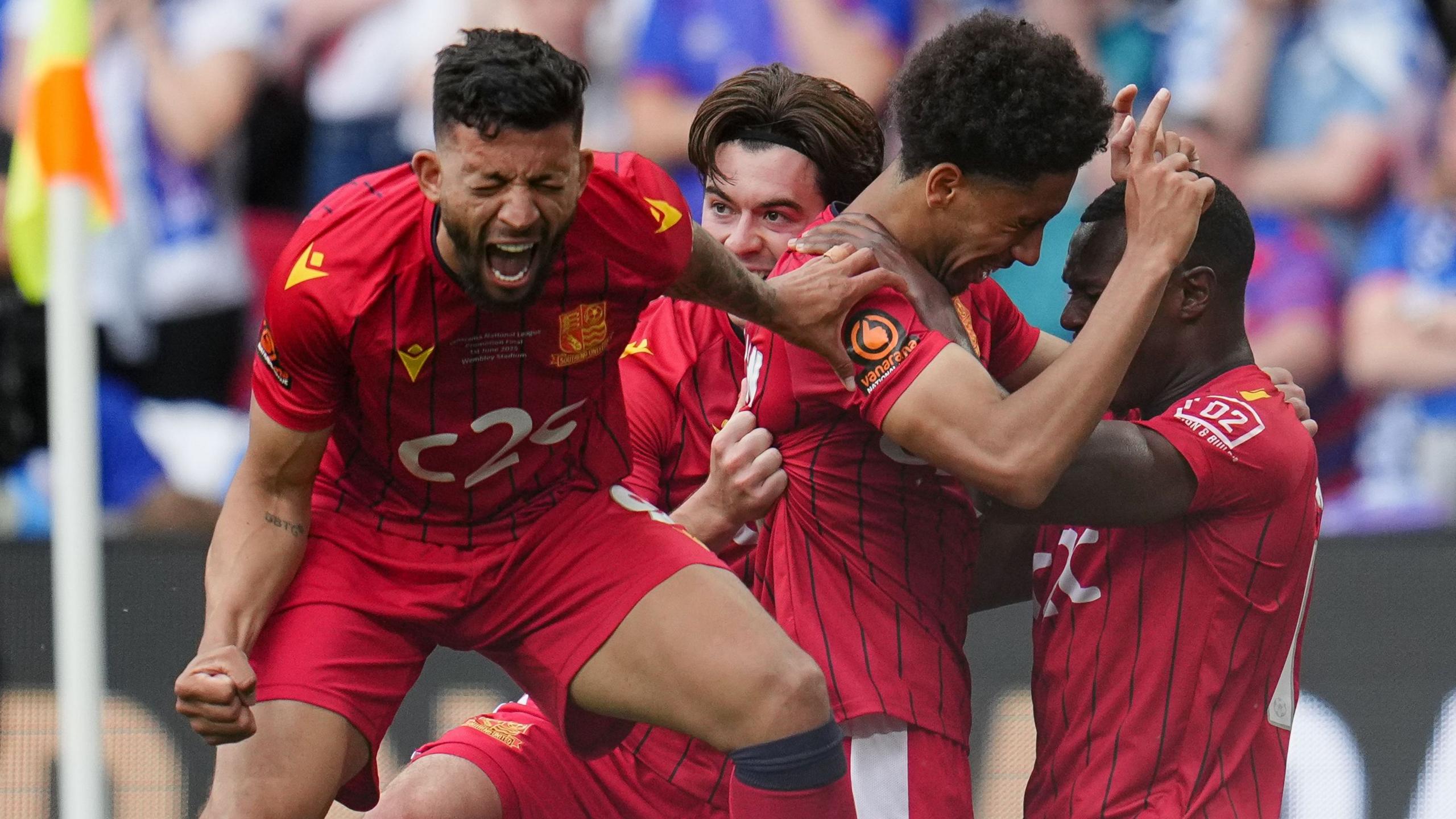Southend United's Leon Chambers-Parillon (second right) celebrates his goal with team-mates