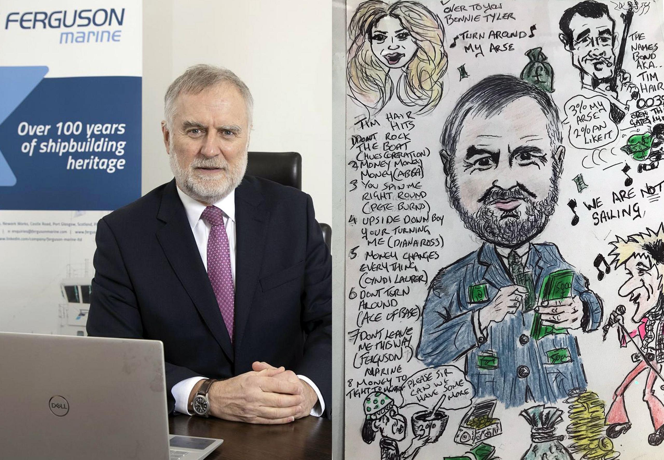 A composite image showing a bearded, grey-haired man wearing a dark suit and tie in the left of the picture, and on the right a cartoon of the same man, his pockets stuffed with money.