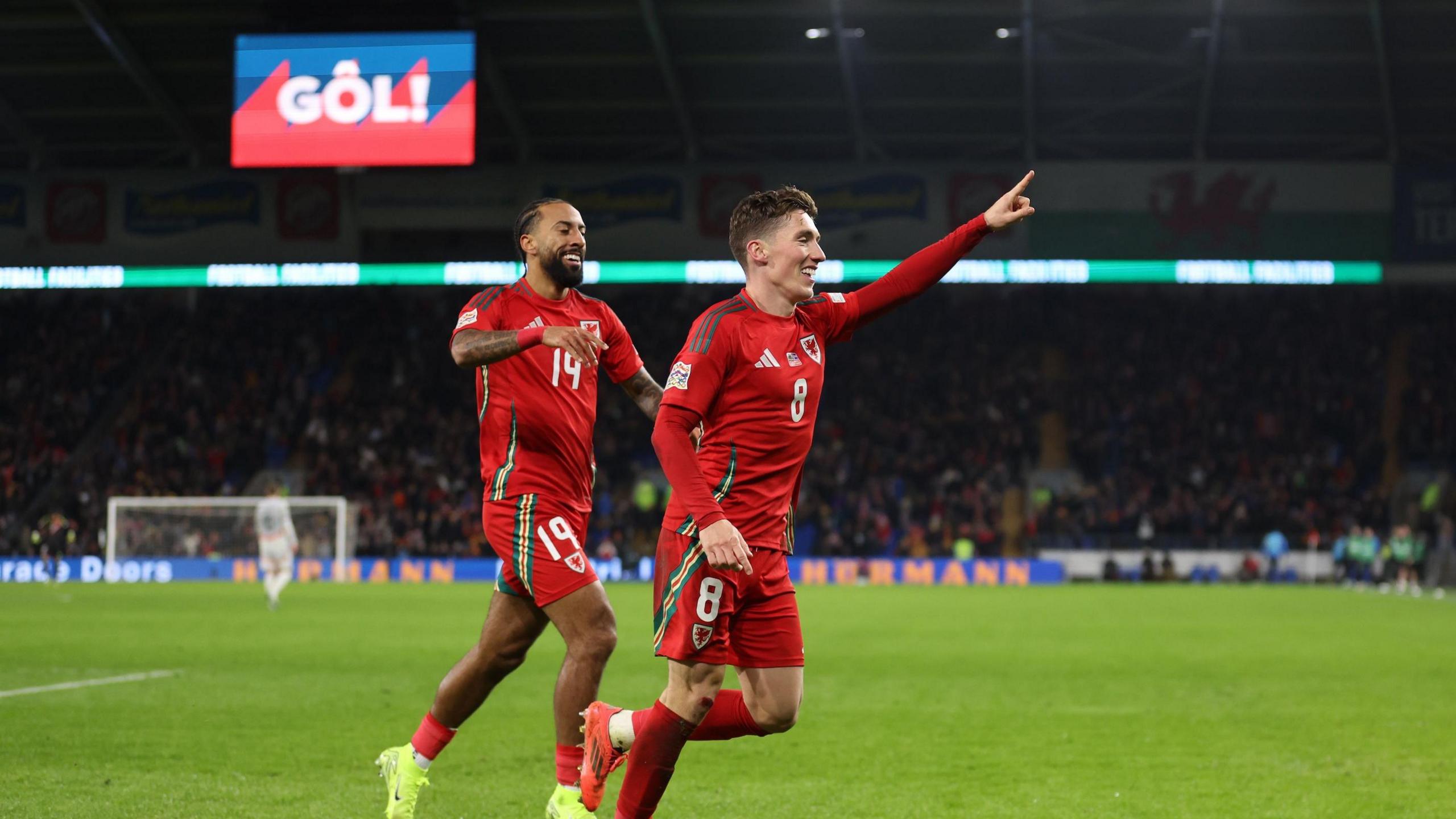 Harry Wilson of Wales celebrates scoring during the UEFA Nations League 2024/25 League B Group B4 match between Wales and Iceland at The Cardiff City Stadium on November 19, 2024 in Cardiff, Wales. 