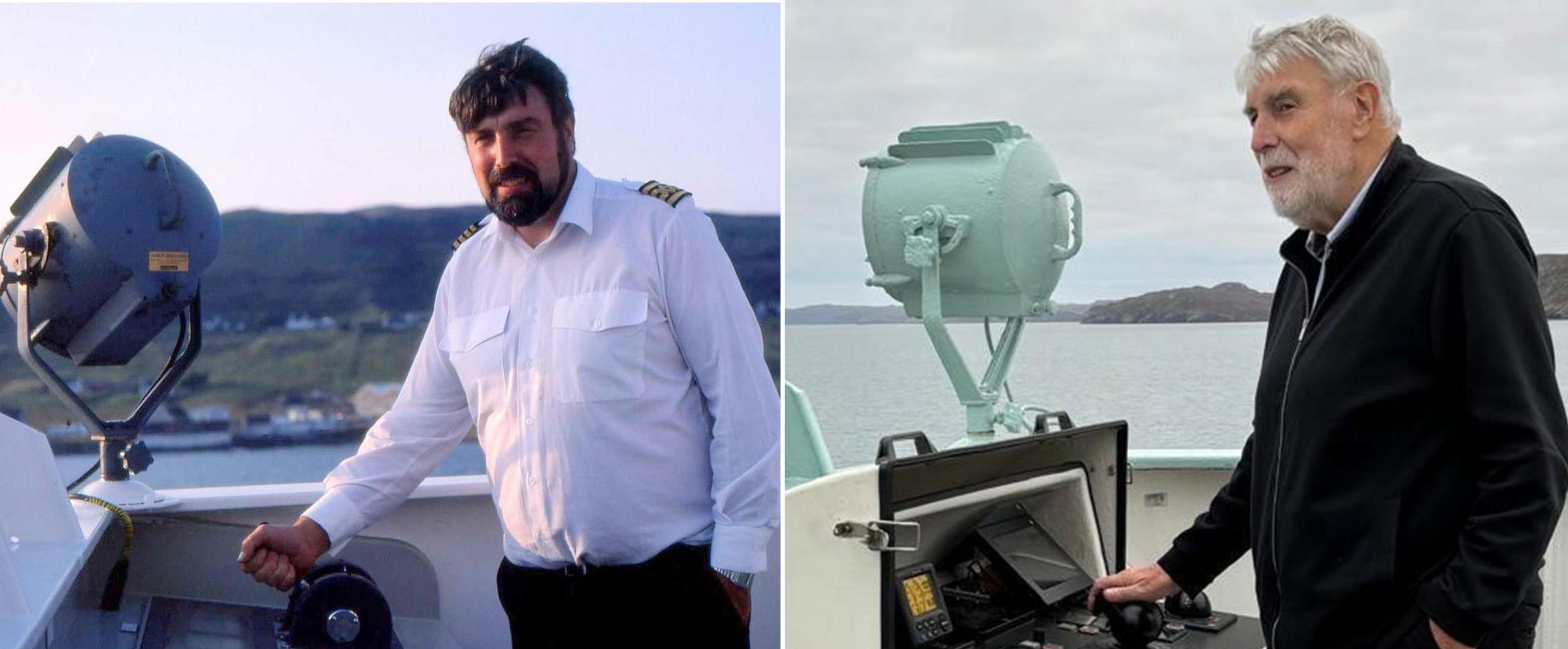 A composite image showing Alex Morrison, a man in a white shirt with epaulettes on board Hebridean Isles in 1991 and the same man, now with grey hair, picture on board in 2024