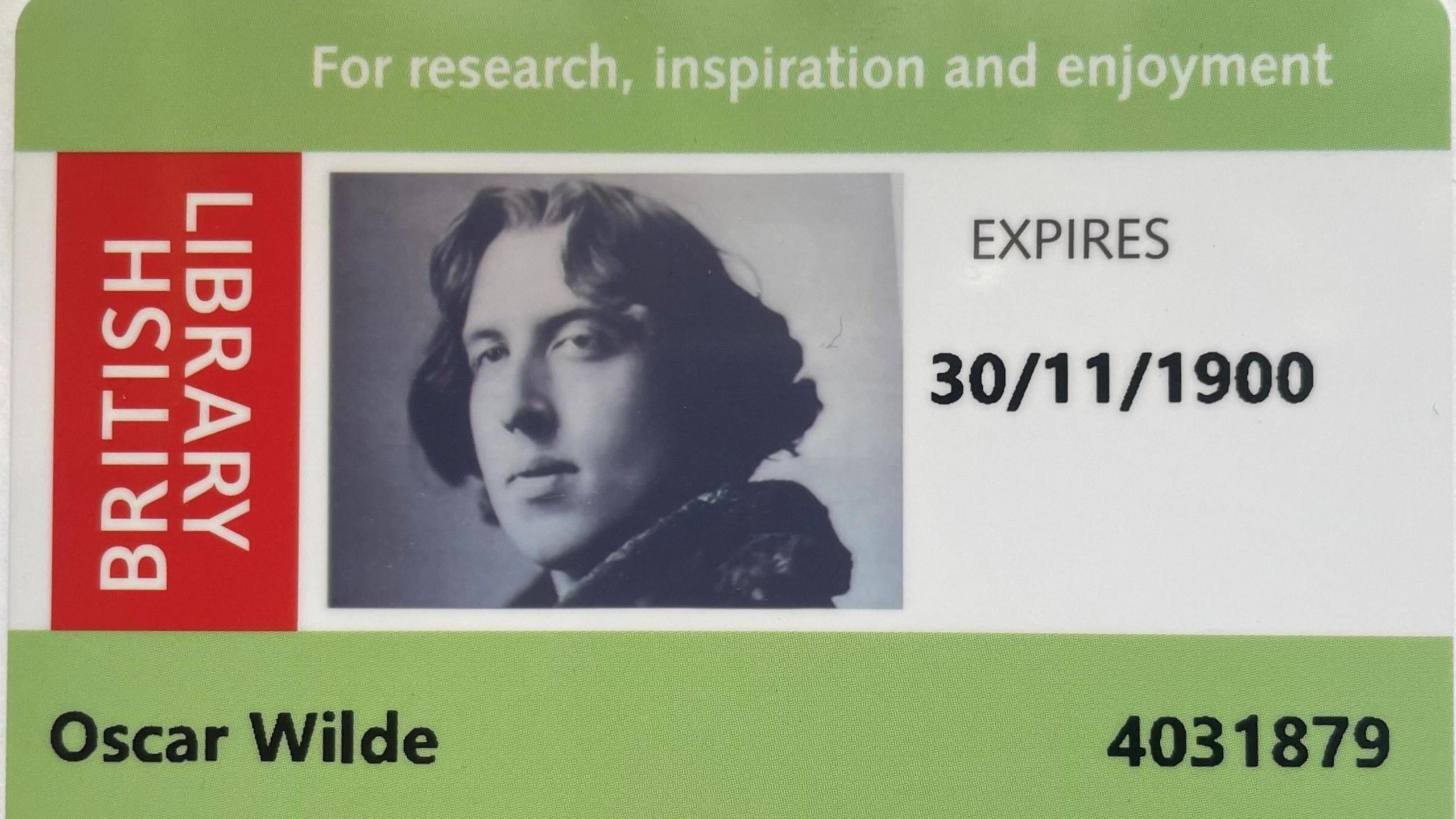 A modern British Library readers card showing Oscar Wilde's photo and name, and an expiry date 30/11/1900