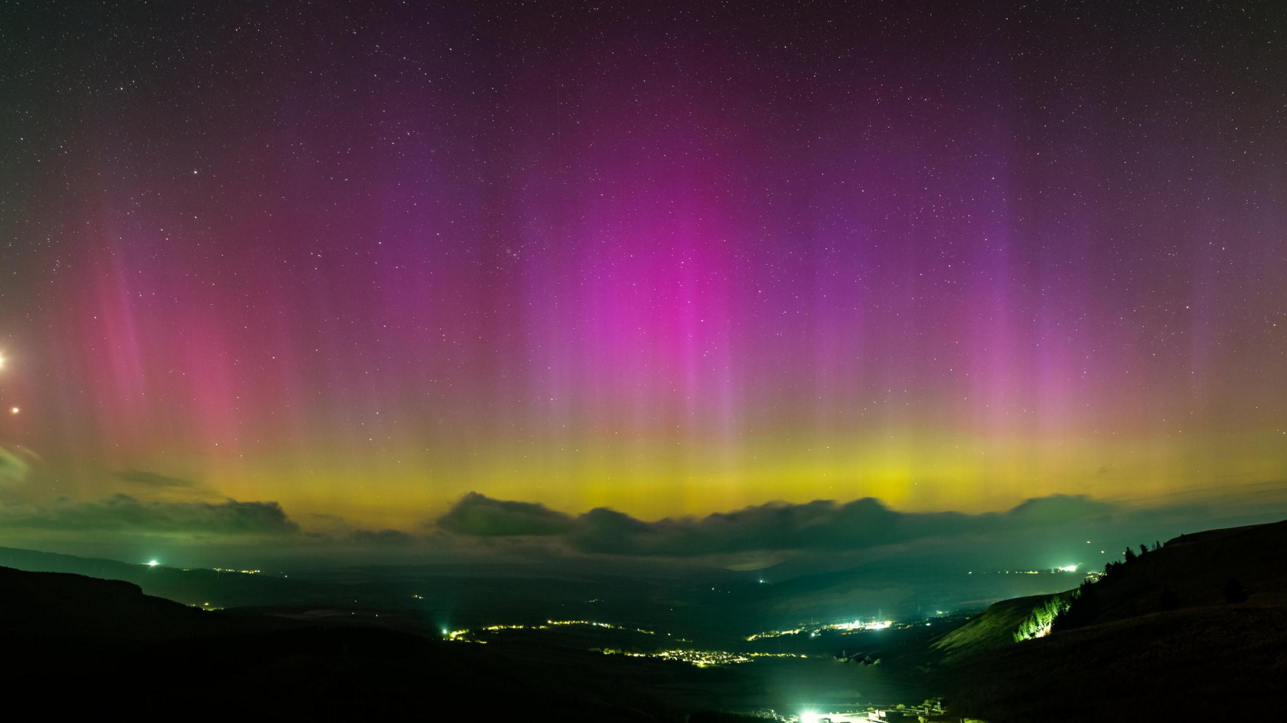 The northern lights from the Rhigos Mountain above Rhondda