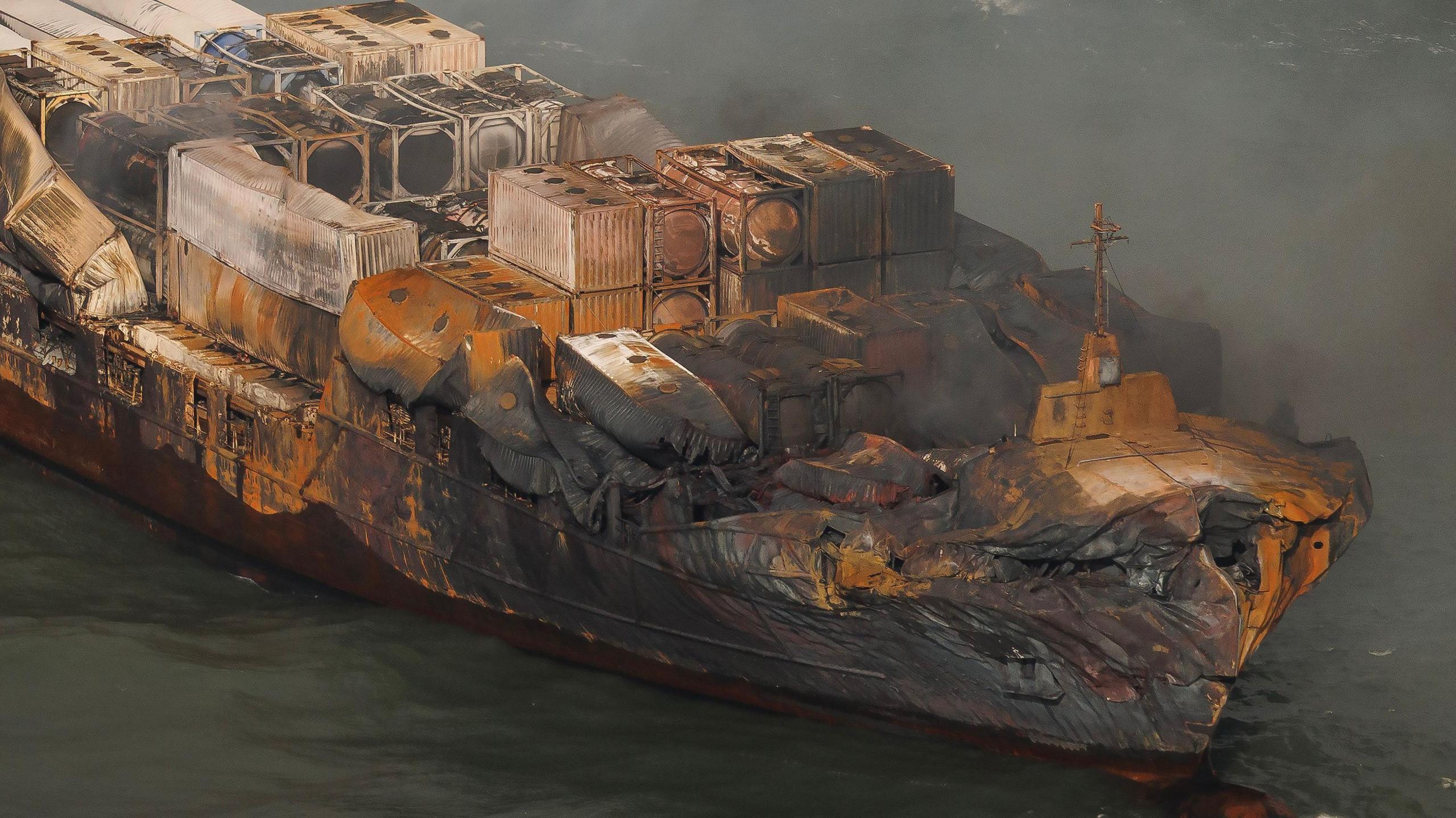 The Solong cargo ship with a fire-damaged hull and smoke rising from the deck, with two tug boats nearby.