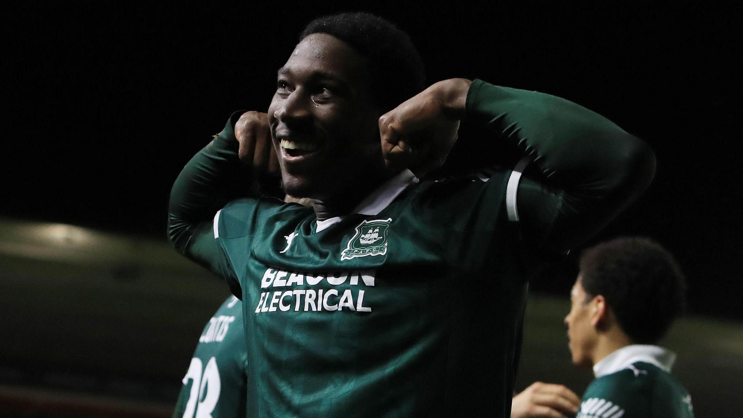 Bim Pepple celebrates scoring his third goal in his last four Plymouth Argyle appearances