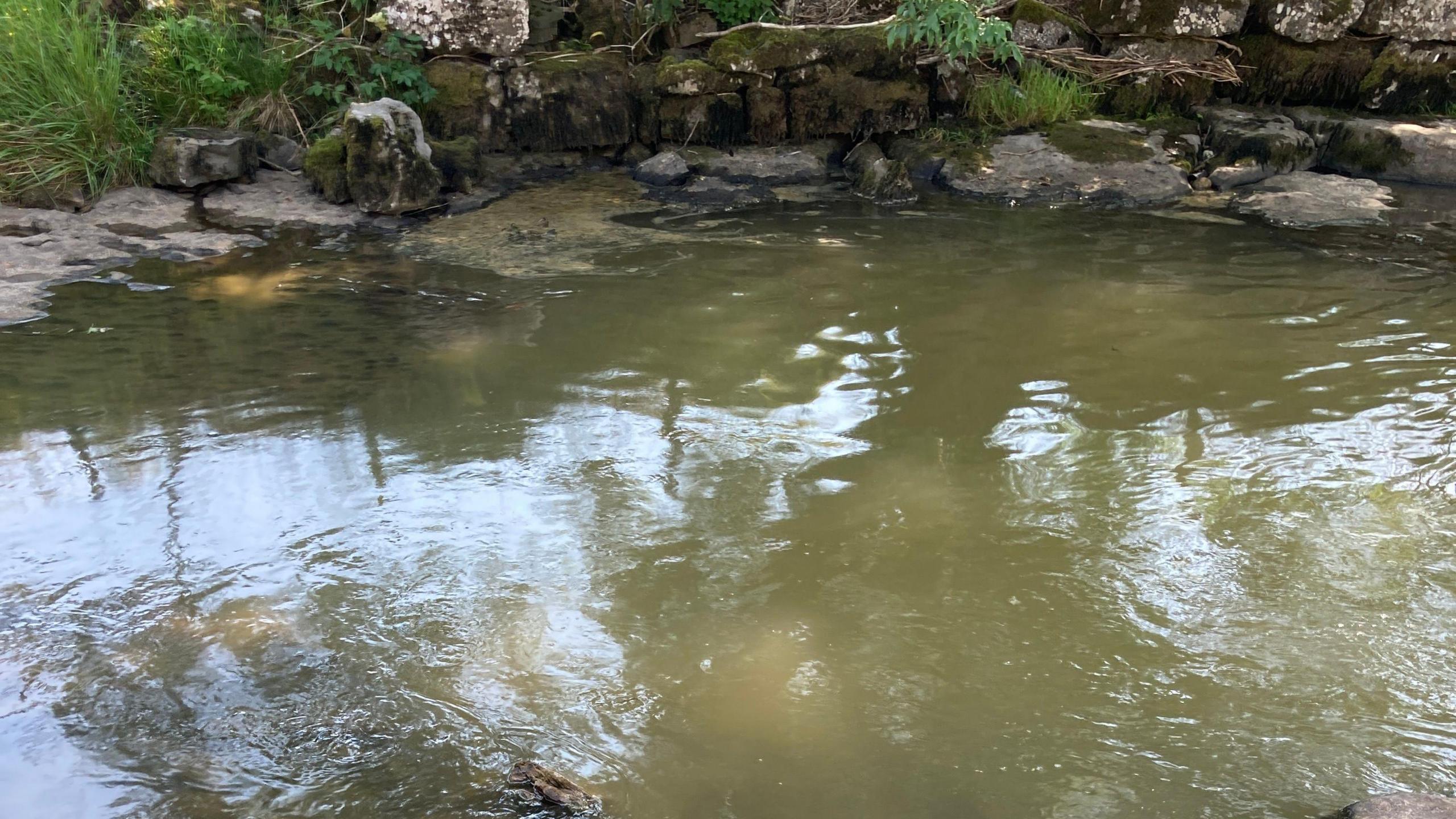 The surface of a watercourse is oily, with swirls through the water. Rocks at the side of the beck are visible at the top of the frame