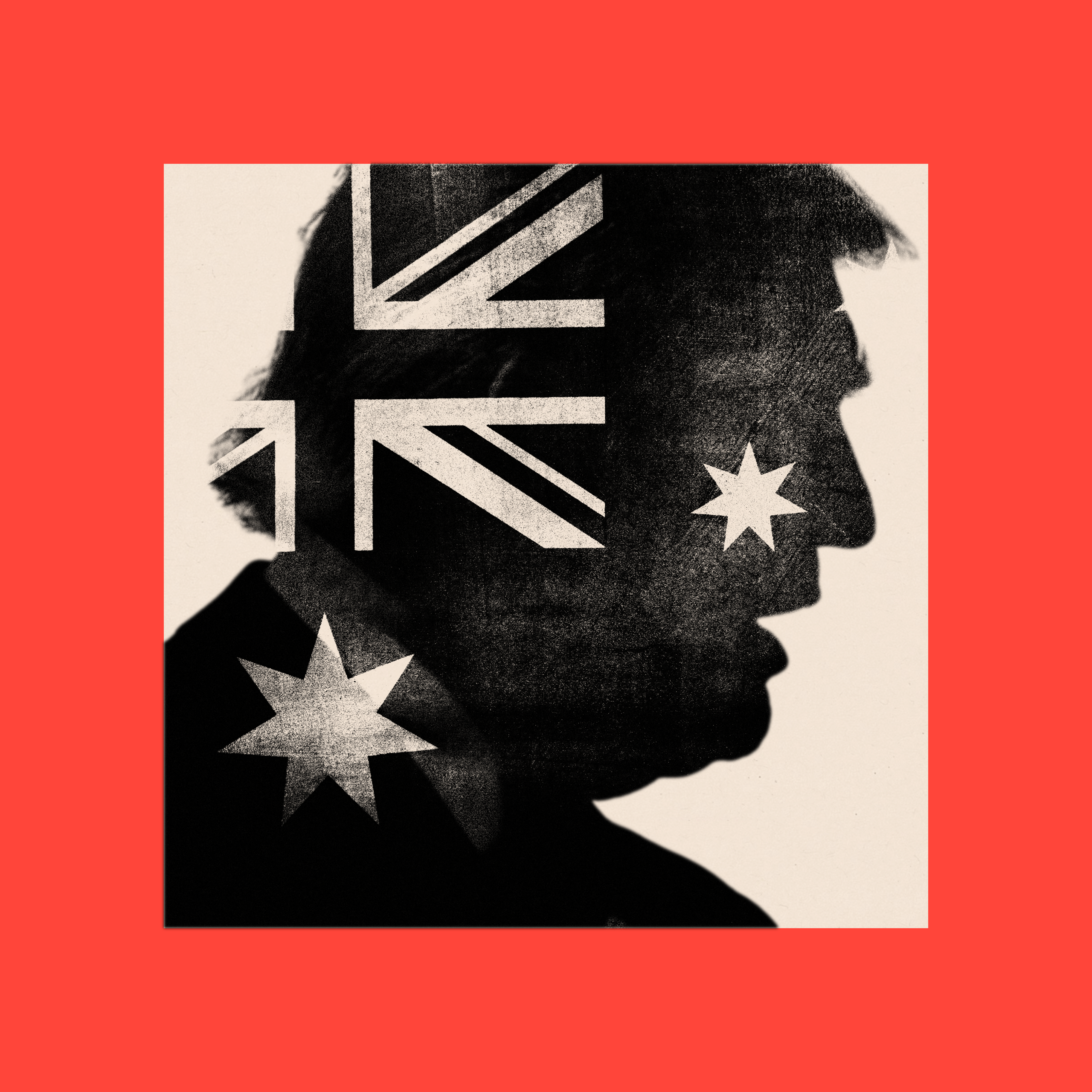 A treated image of a side shot of Donald Trump with the Australian flag edited onto him