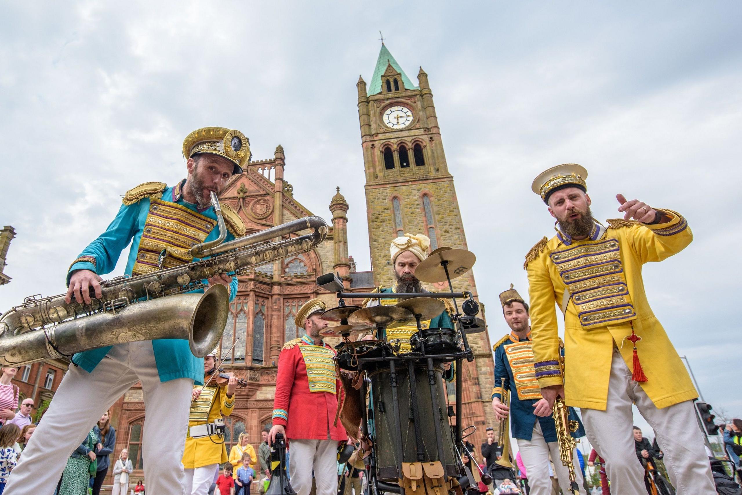 street performance outside Derry's guildhall as part of jazz festival