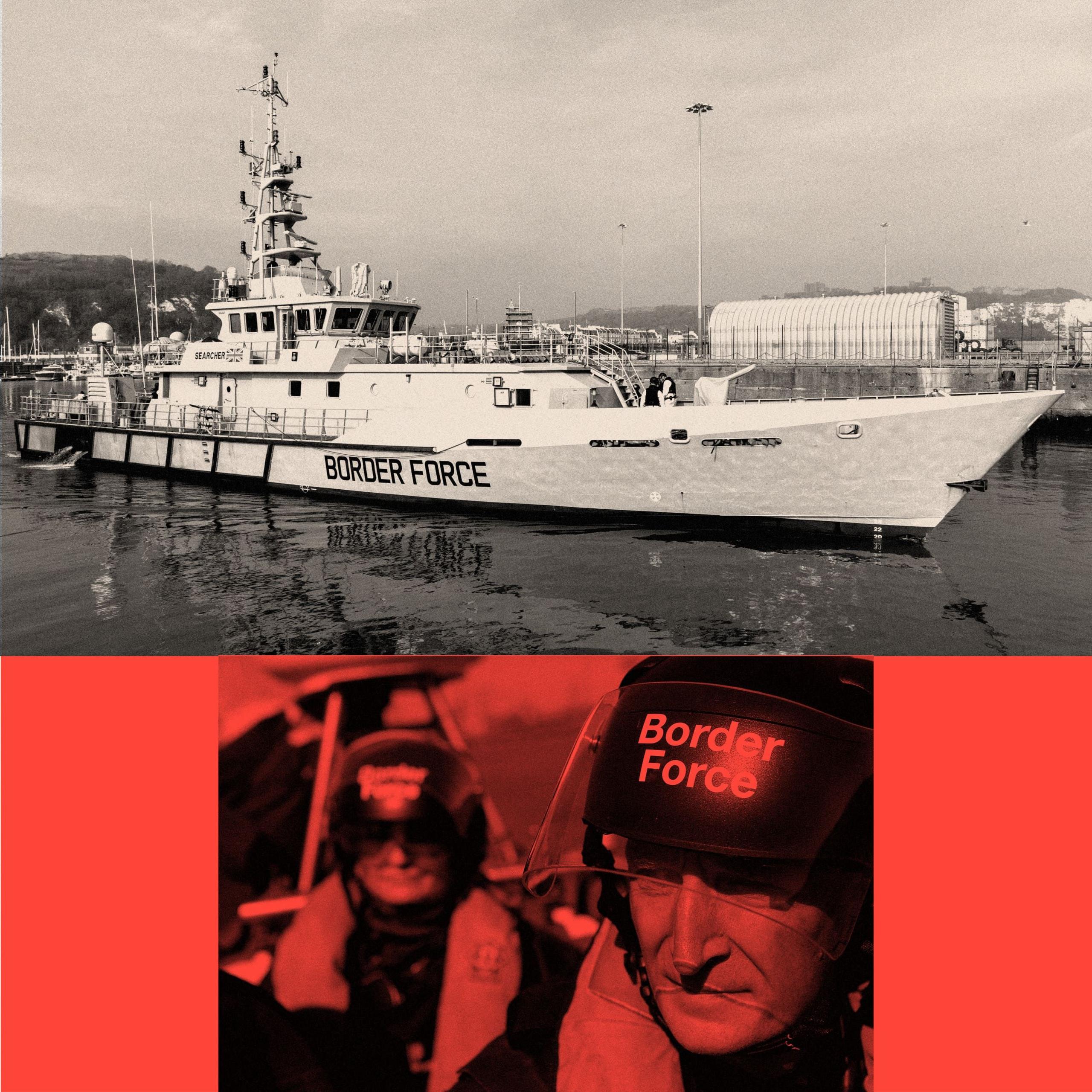 Two treated images of a large border force ship and on the bottom, border force workers
