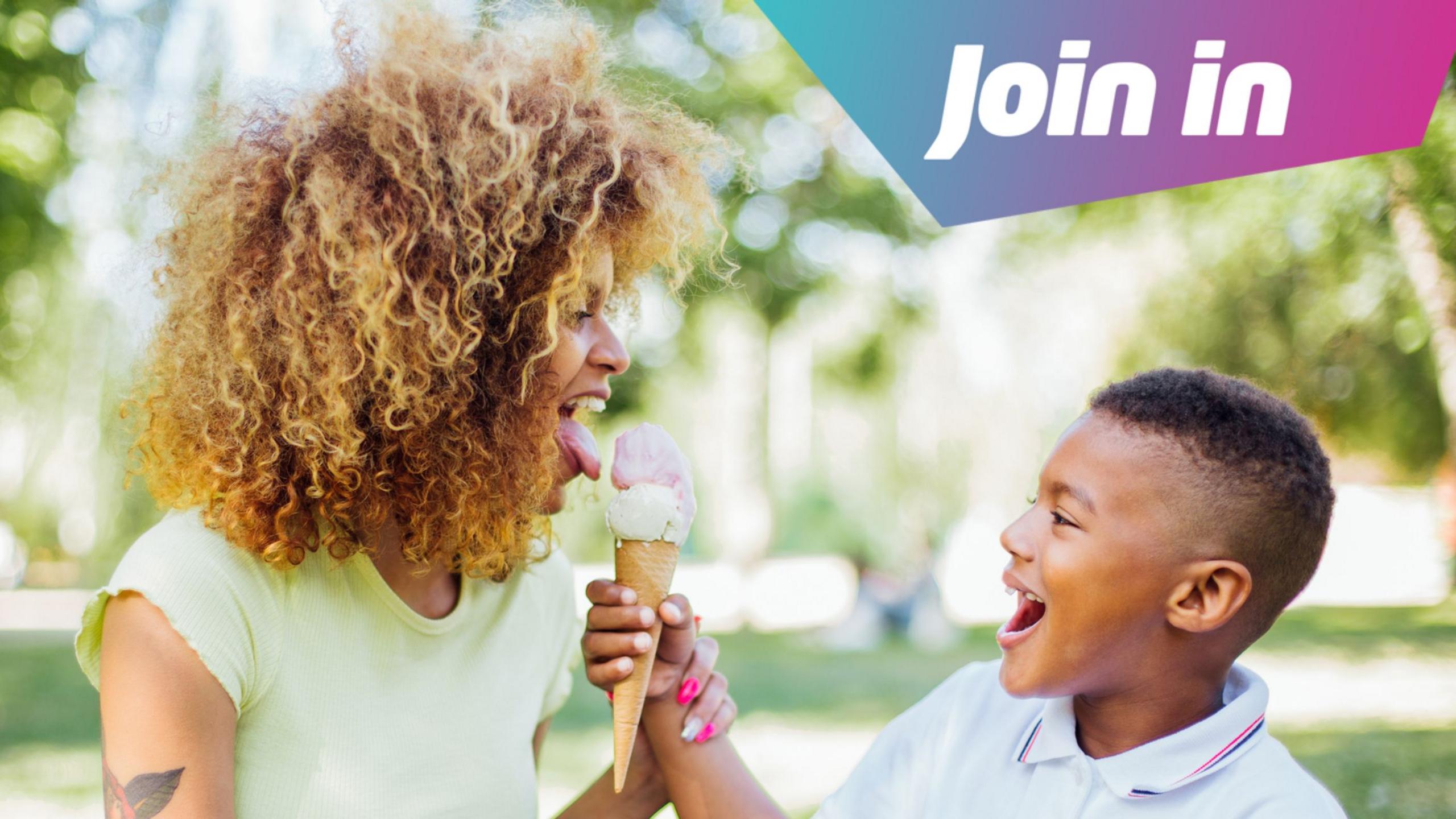 Woman pretending to steal ice cream from a child