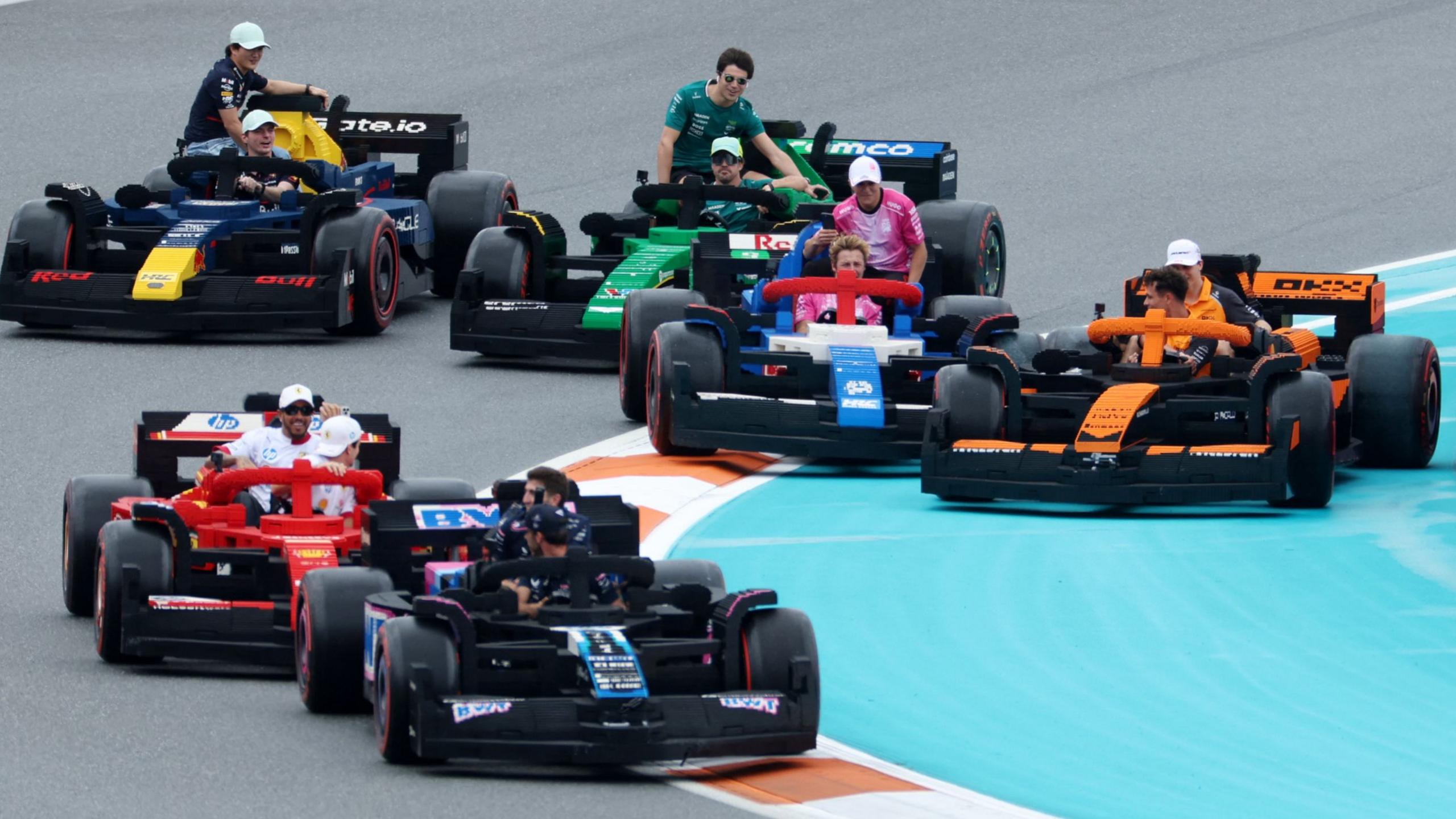 The Red Bull, Aston Martin, Ferrari, McLaren, Alpine and Racing Bulls drivers take to the Miami circuit in full-sized Lego versions of their Formula 1 cars