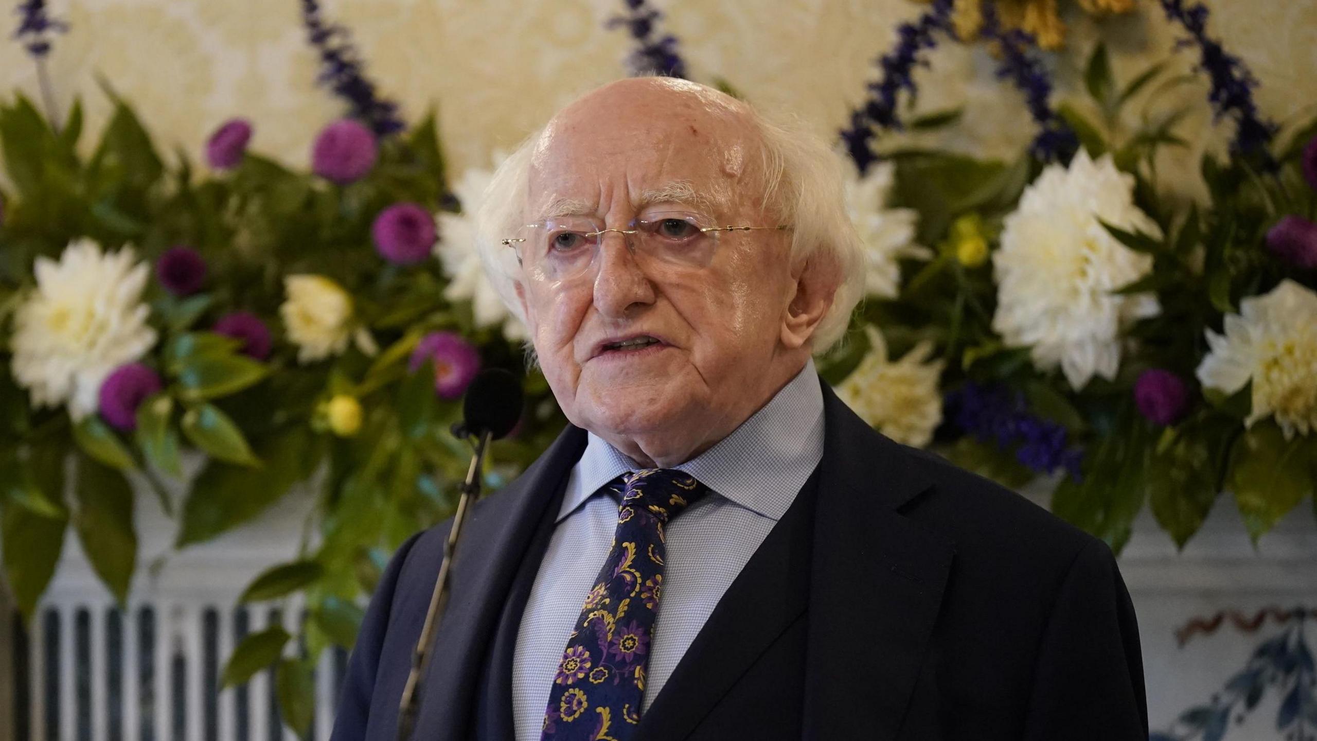 Michael D Higgins wears a navy suit with a blue shirt and a patterned navy tie. He wears glasses and white hair.